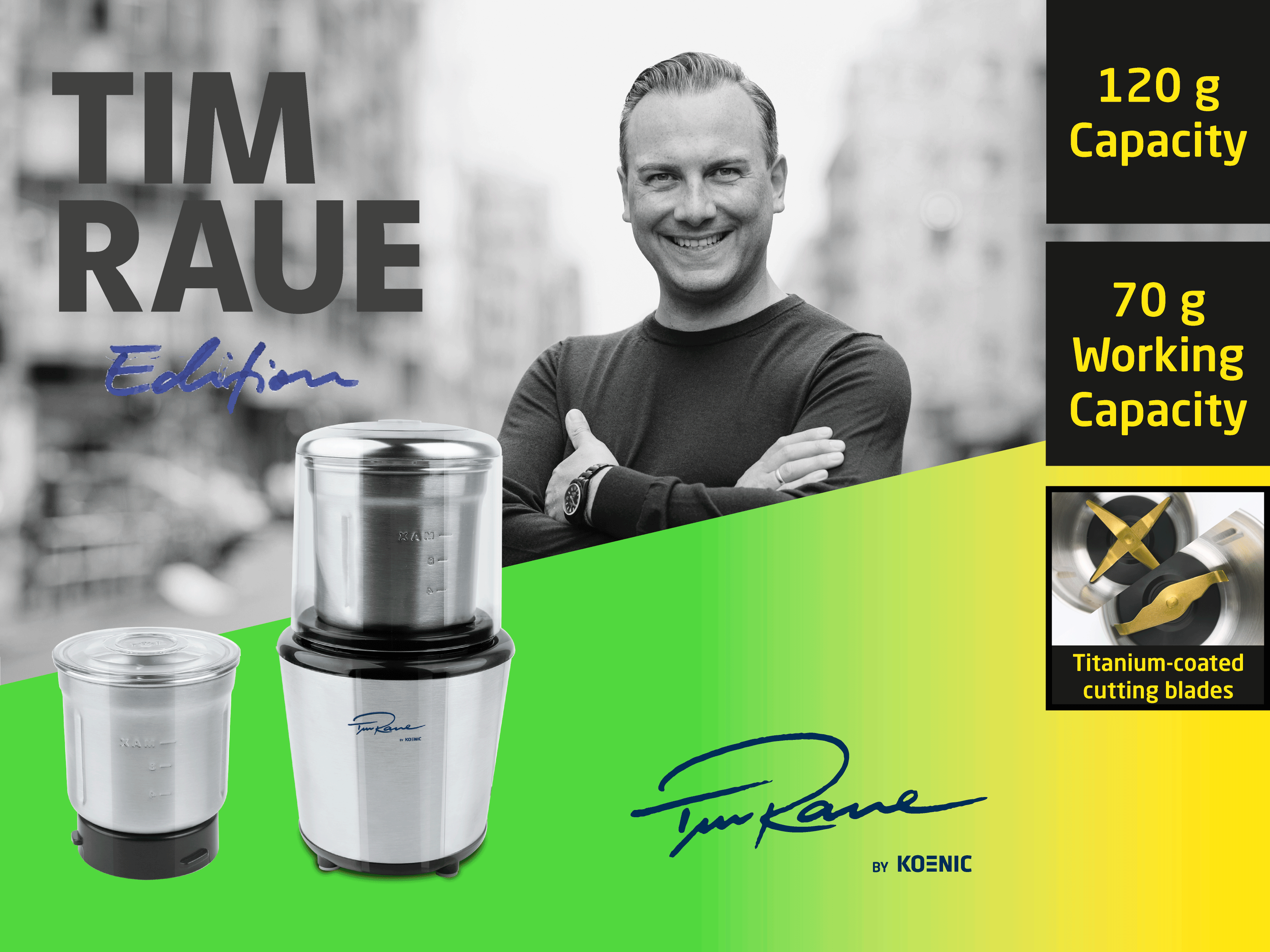 Tim Raues Edition mit Gewürzmühle, 120g Kapazität, 70g Arbeitskapazität.