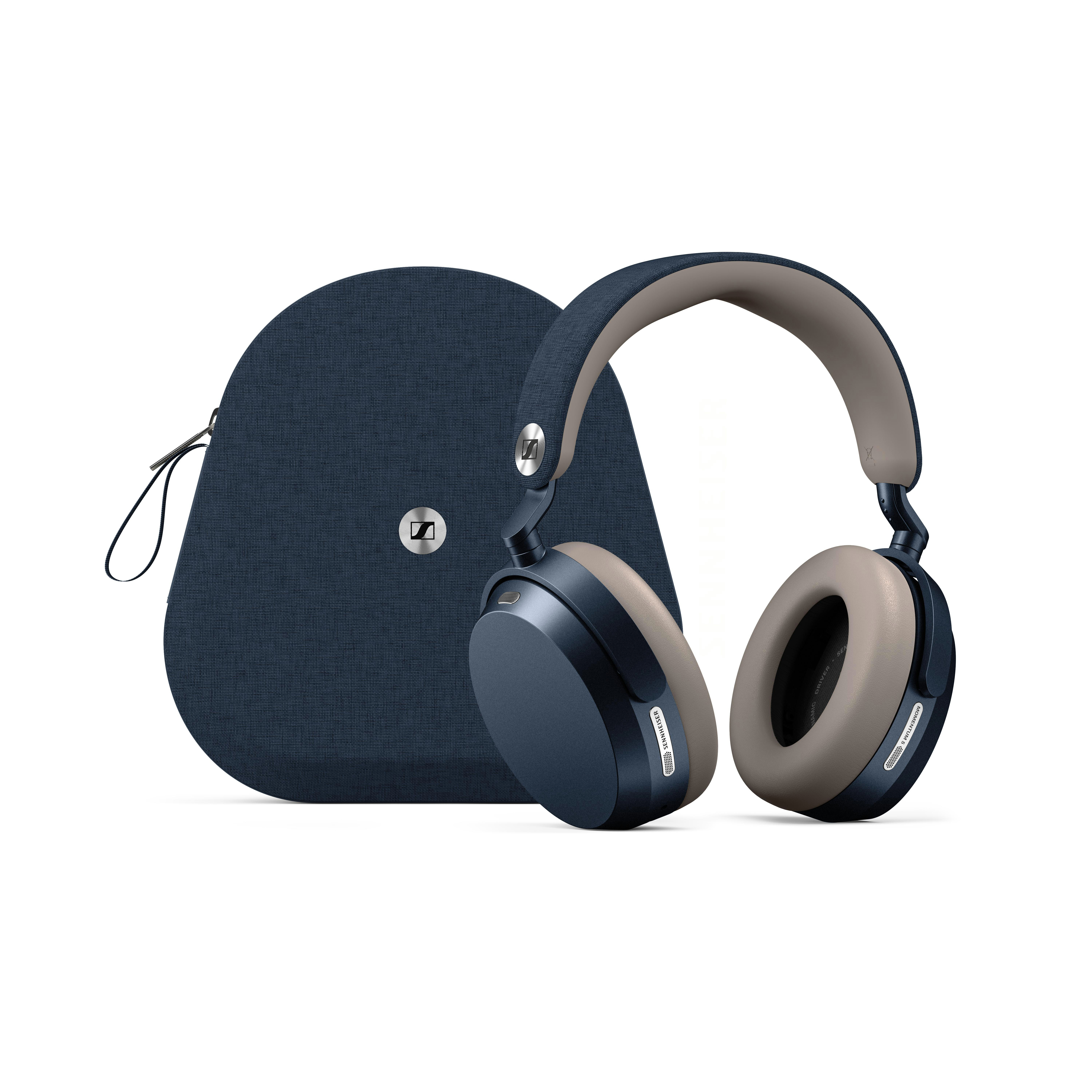 Dunkelblaue Kopfhörer mit beiger Polsterung und passender Tasche.