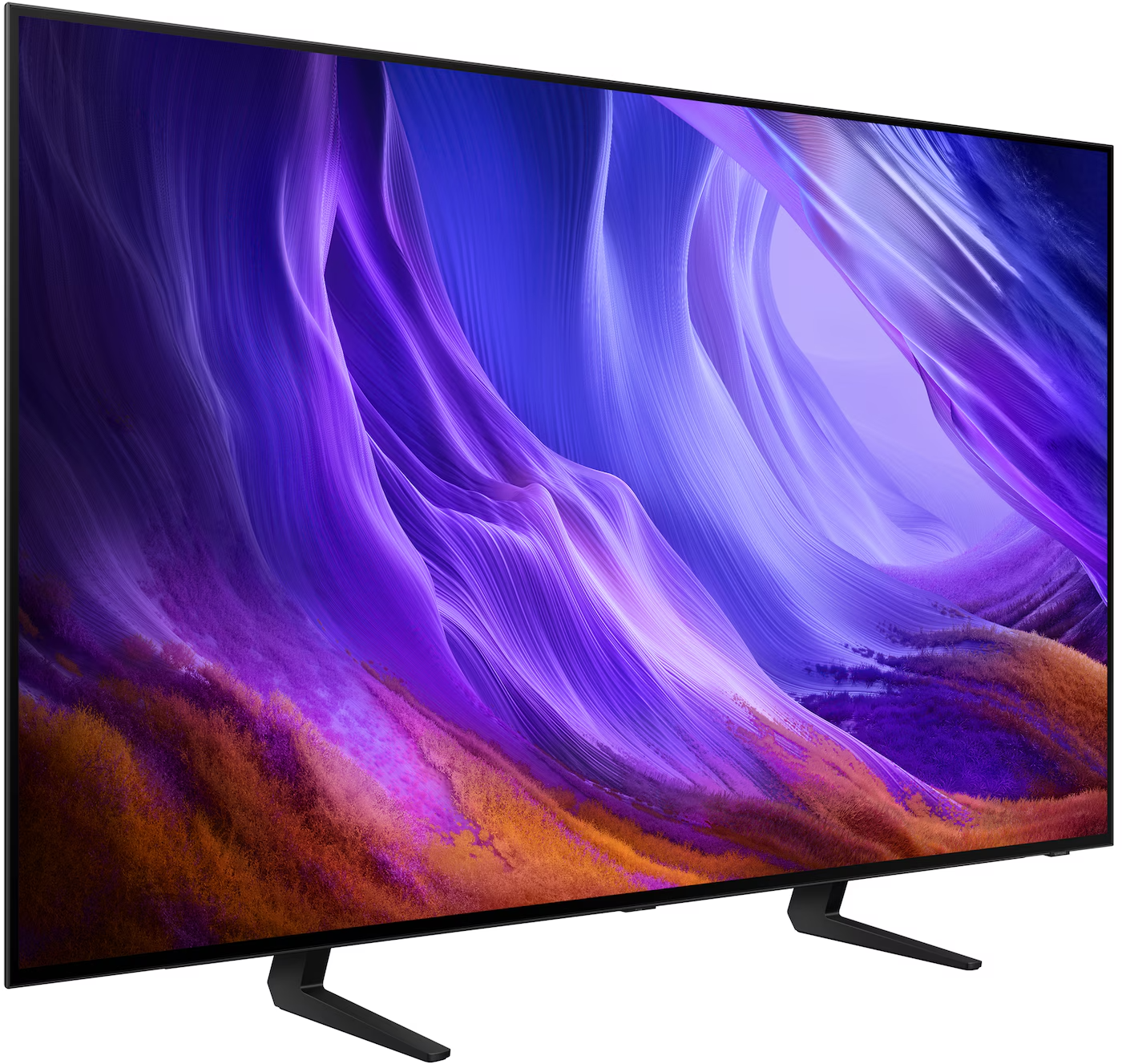 Egy modern TV élénk, absztrakt lila és narancssárga képernyővel, fehér háttéren.