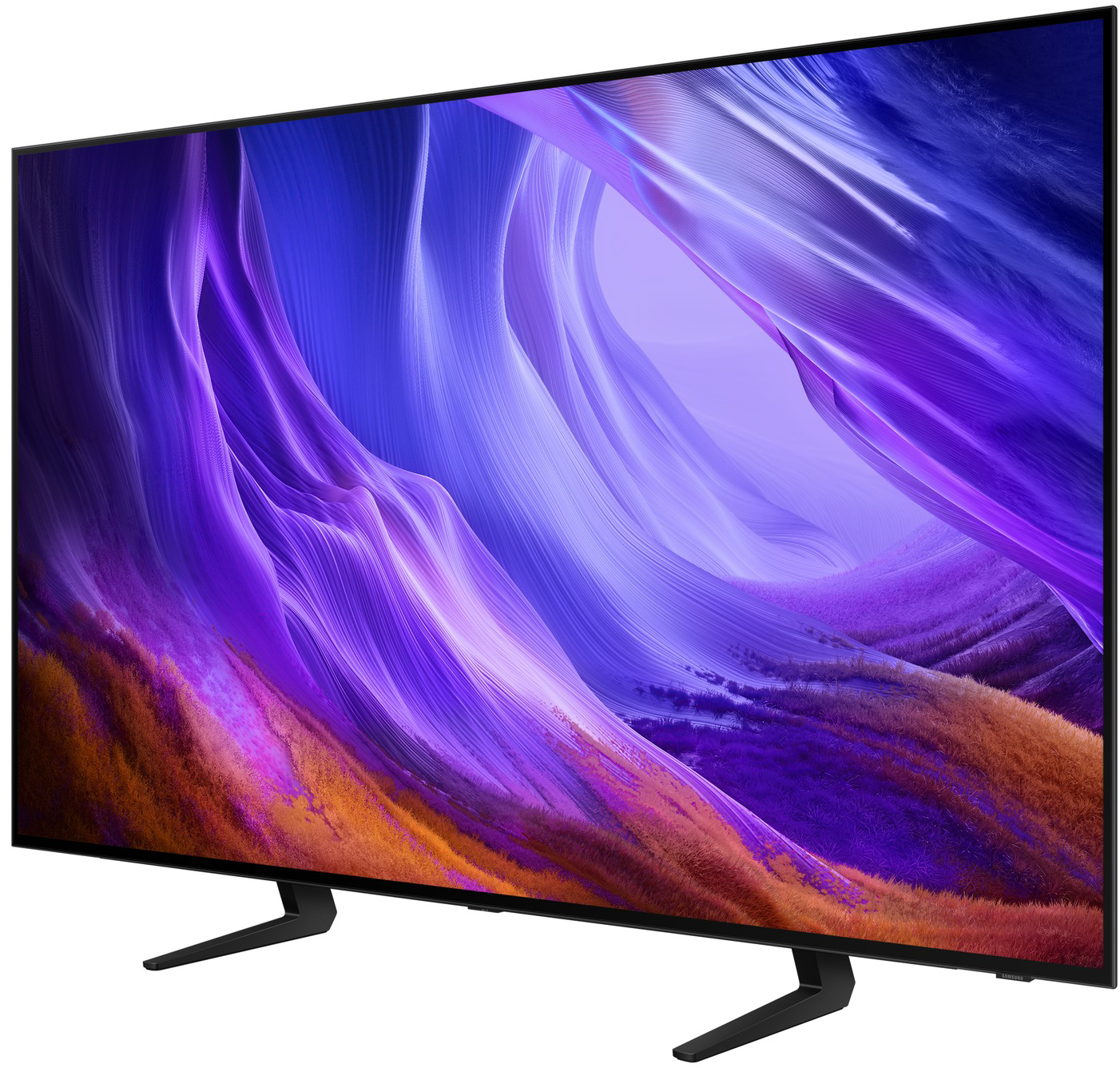 Egy modern televízió élénk, lila és narancssárga absztrakt képernyővédőt jelenít meg.
