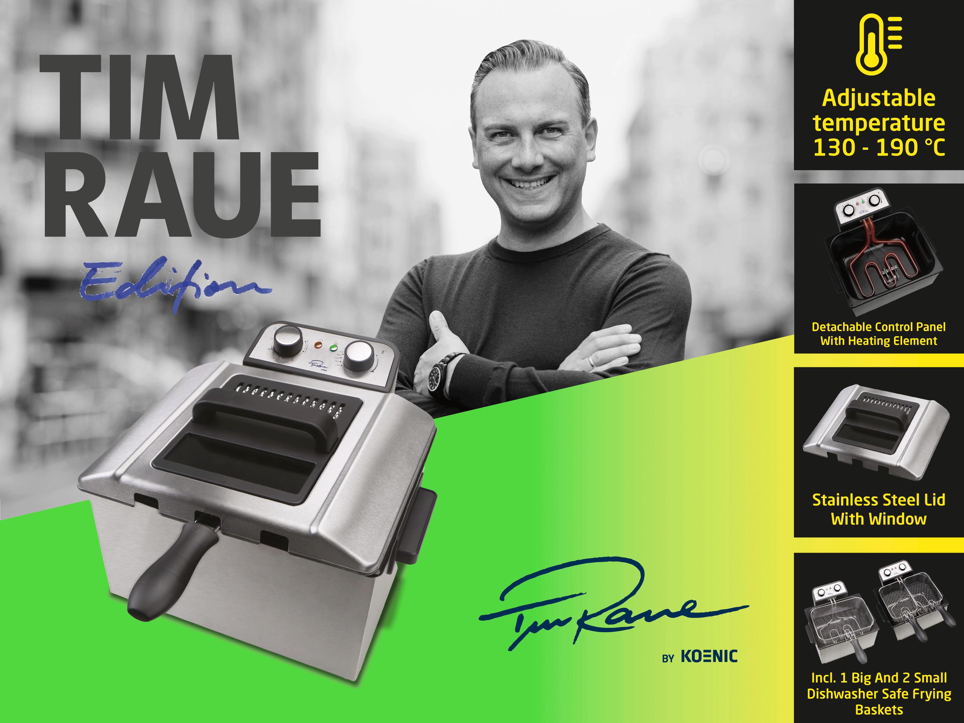 Ein Mann lächelt, eine Fritteuse und Produktmerkmale wie abnehmbares Bedienfeld.