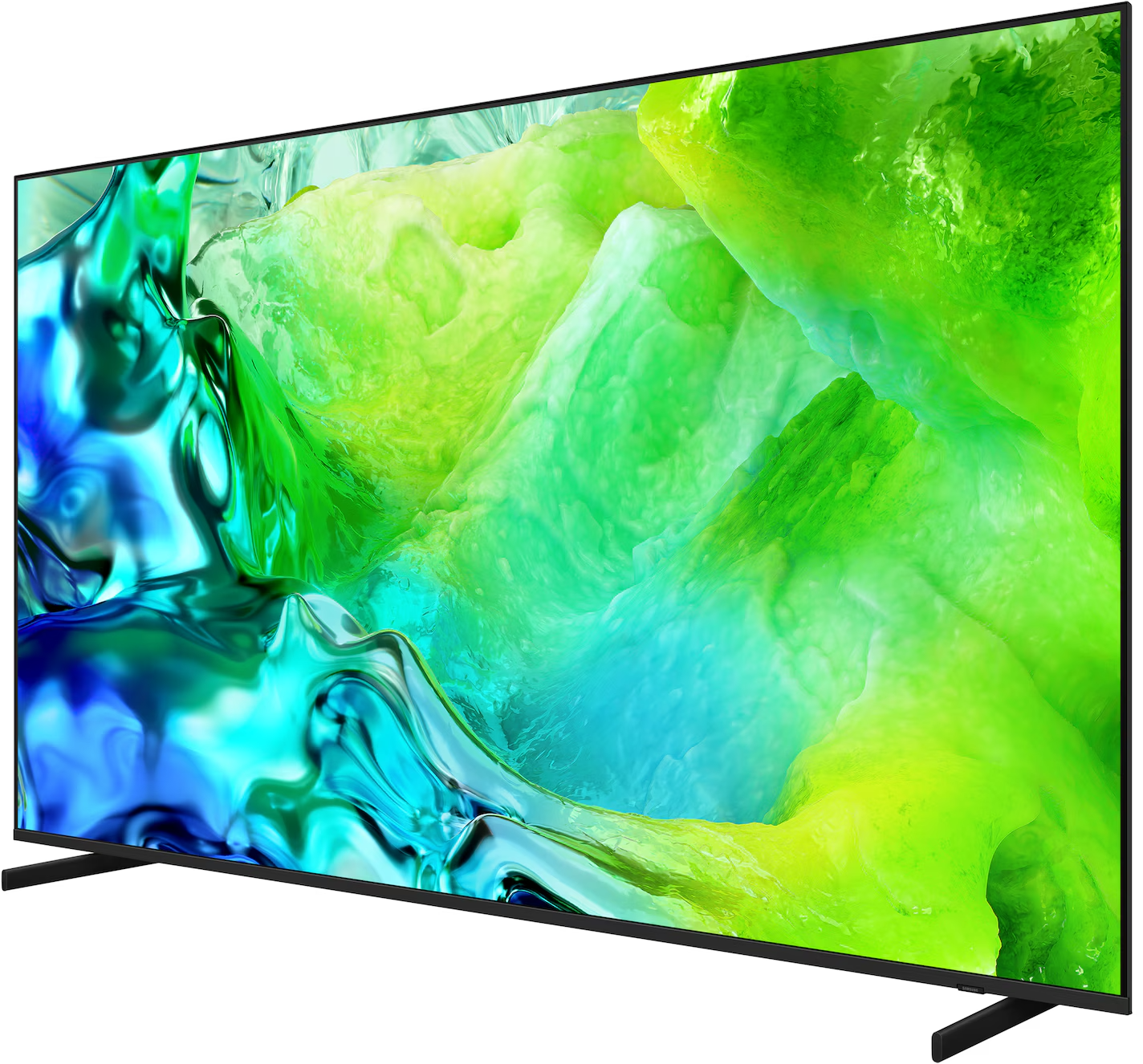 Egy elegáns fekete televízió élénk, zöld és kék absztrakt képet jelenít meg.
