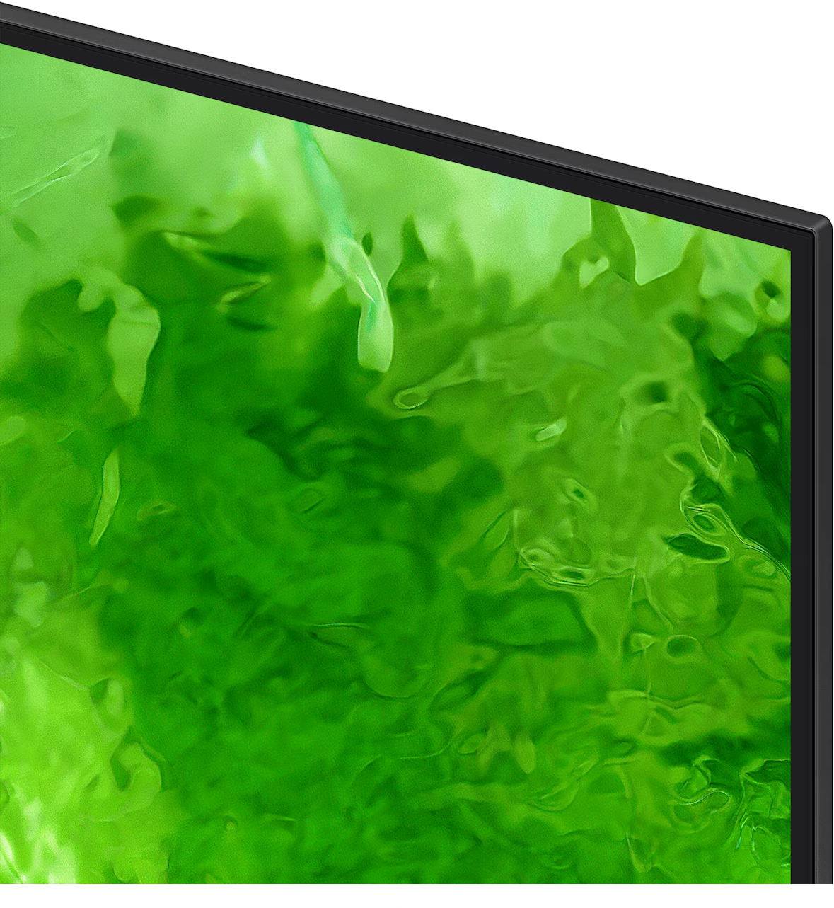 TV képernyő közeli felvétele zöld absztrakt mintával.