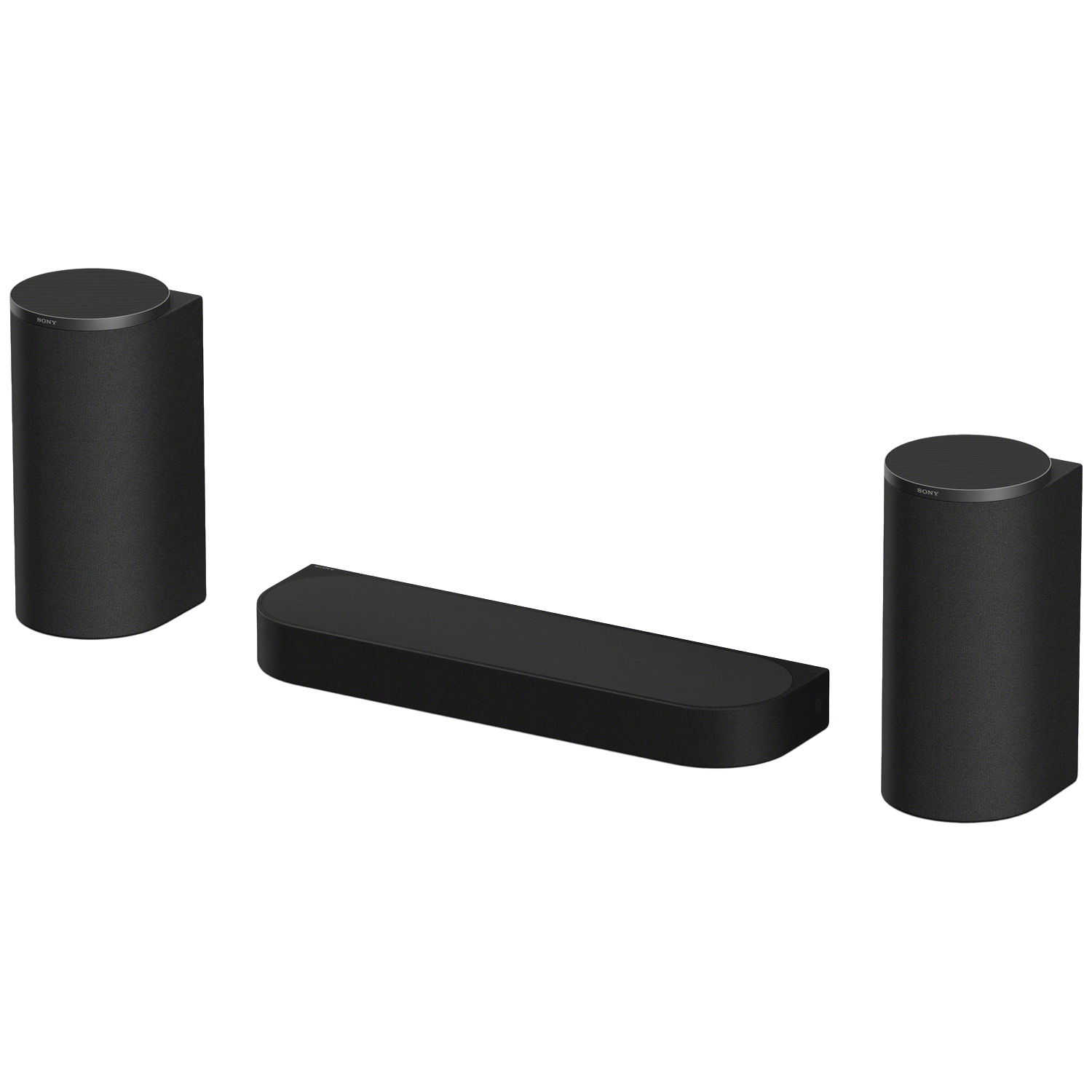 Drie zwarte Sony luidsprekers: één lange soundbar en twee cilindrische luidsprekers.
