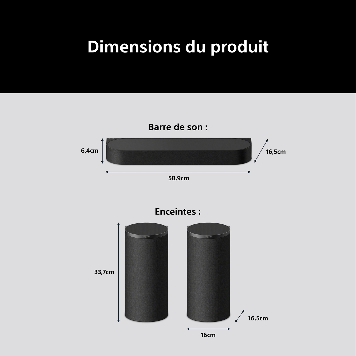 Afmetingen: Soundbar 58,9x6,4x16,5cm; speakers 33,7x16x16,5cm.