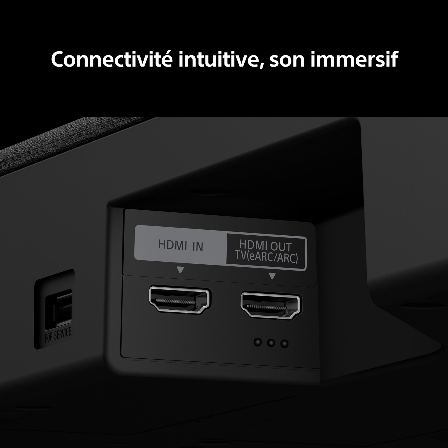 Close-up van HDMI-poorten op een zwart apparaat. Gelabeld HDMI IN en HDMI OUT.