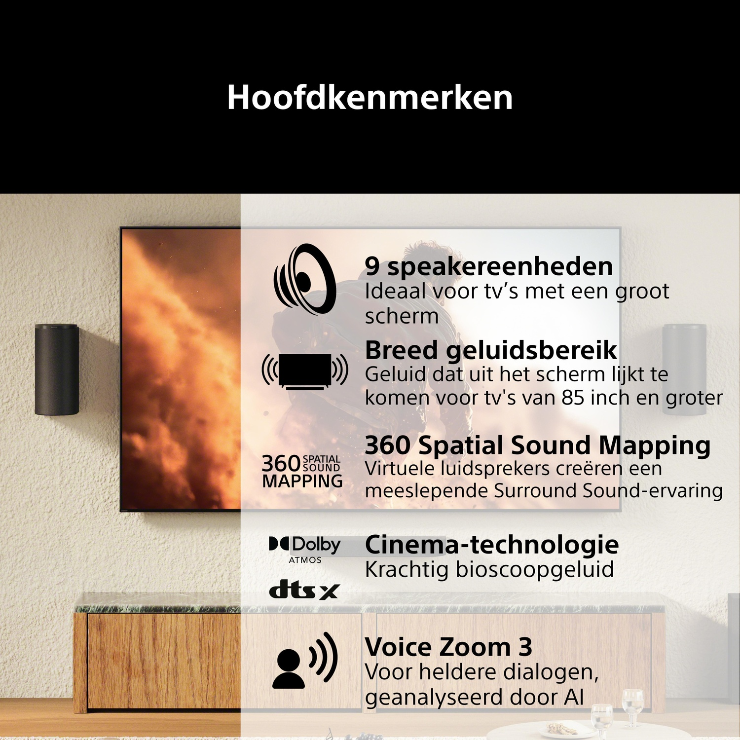 Kenmerken: 9 speakers, breed geluid, 360 Spatial Sound Mapping, Cinema-technologie, Voice Zoom 3.
