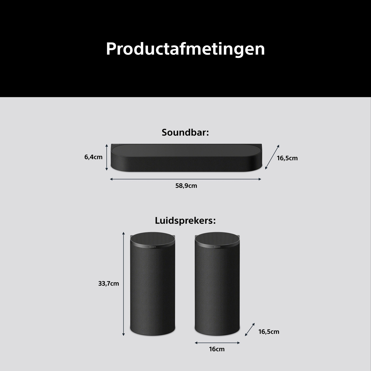 Afmetingen van een zwarte soundbar en twee luidsprekers op grijze achtergrond.