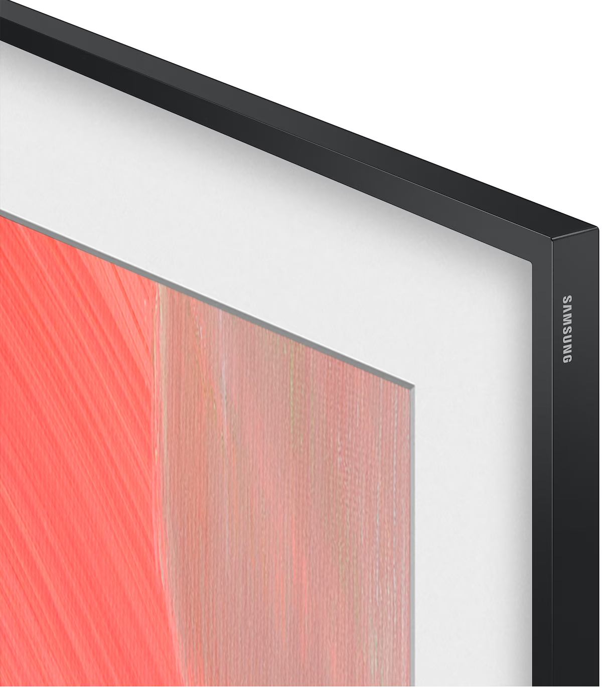 Egy fekete Samsung TV, amely piros és pasztell árnyalatú absztrakt művészetet jelenít meg.