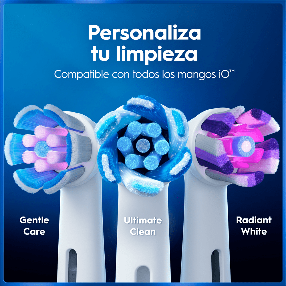 Personaliza tu limpieza. Compatible con todos los mangos iO. Gentle care. Ultimate clean. Radiant White.