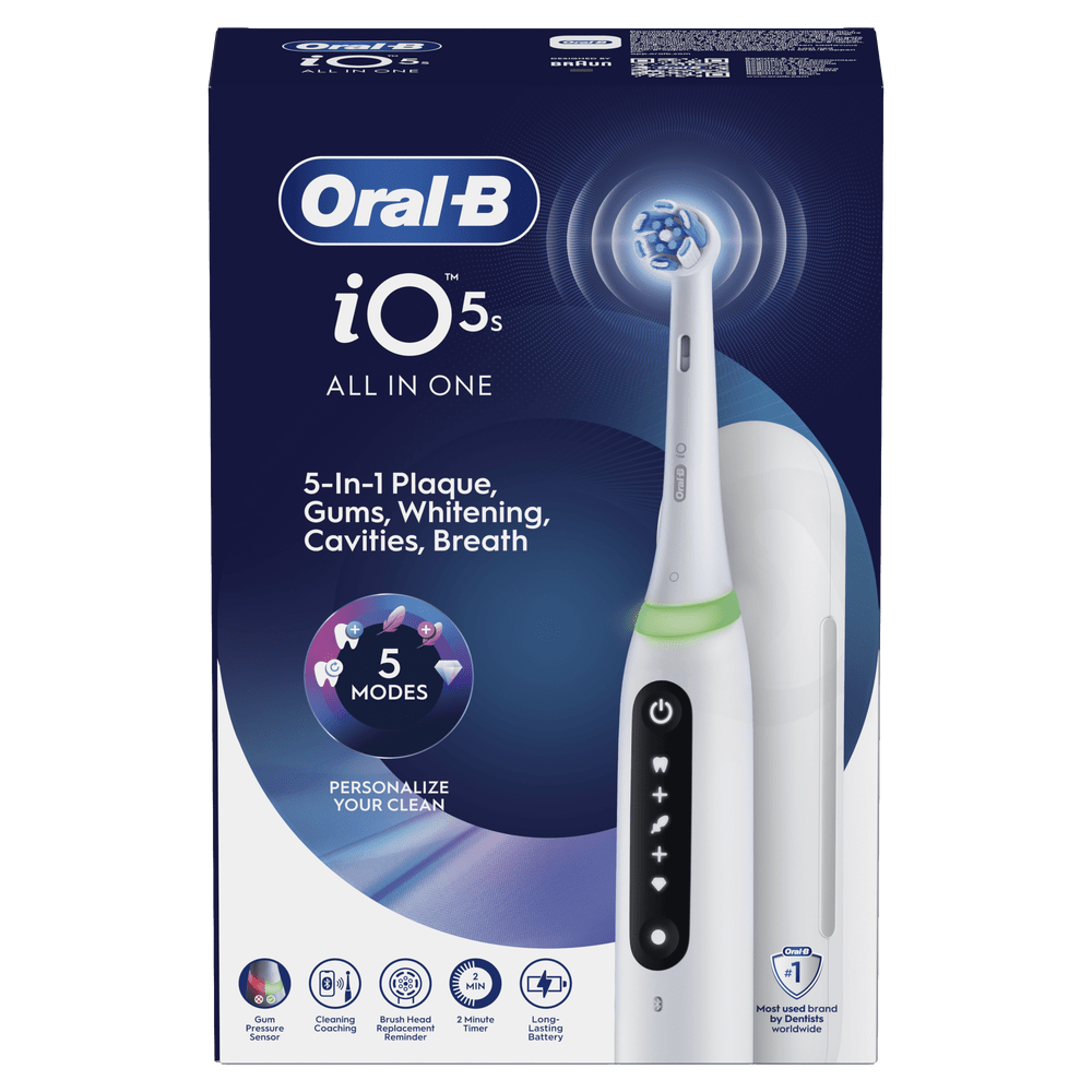 Embalaje de un cepillo de dientes Oral-B iO5s blanco con 5 modos y funciones.
