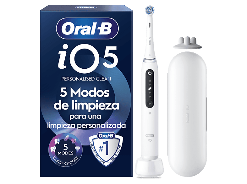 Cepillo eléctrico - Oral-B iO 5S, 1 cabezal , Estuche de viaje, Con app, Diseñado por Braun, Blanco