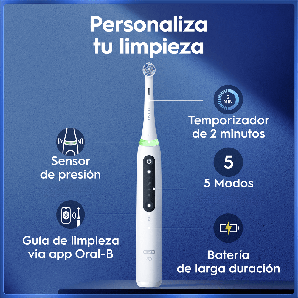 Personaliza tu limpieza. Sensor de presión. Guía de limpieza via app Oral-B. Temporizador de 2 minutos. 5 modos. Batería de larga duración.