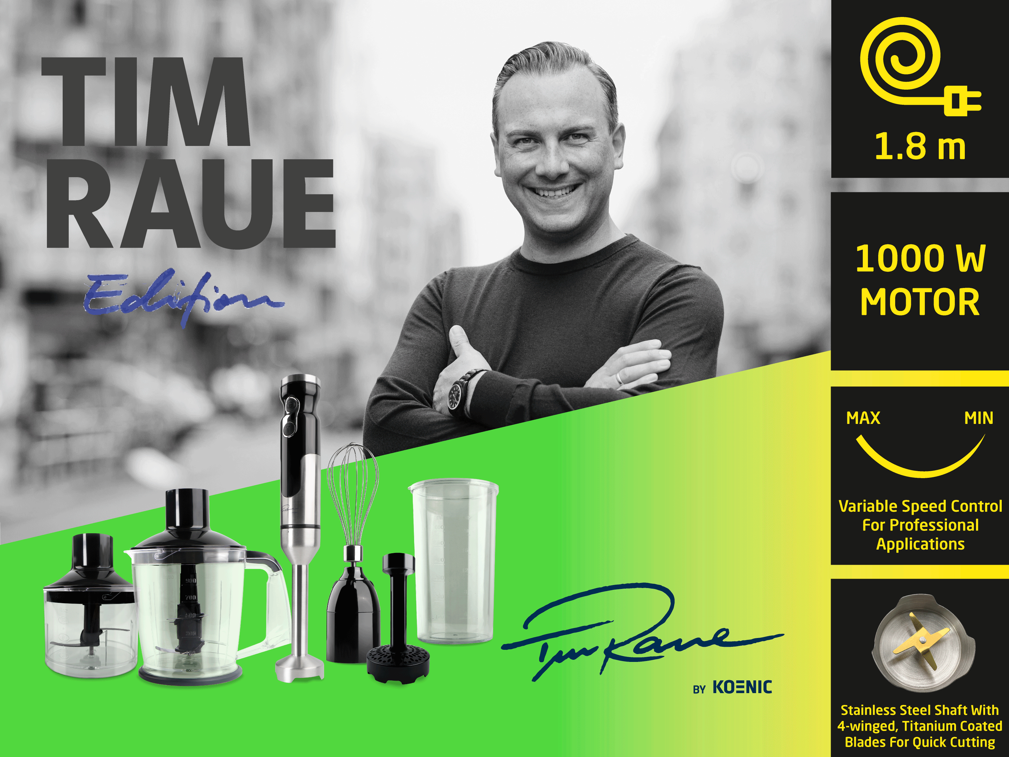 Tim Raues Edition Handmixer mit Zubehör, 1,8m Kabel, 1000W Motor.