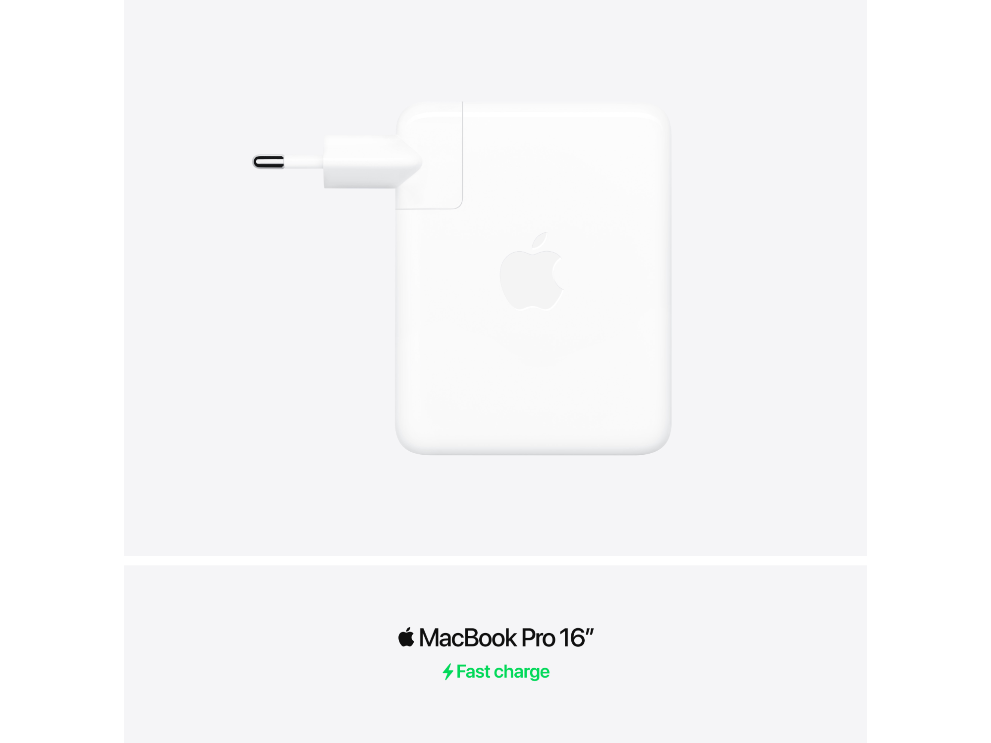 White Apple power adapter with USB-C port for MacBook Pro 16-inch.