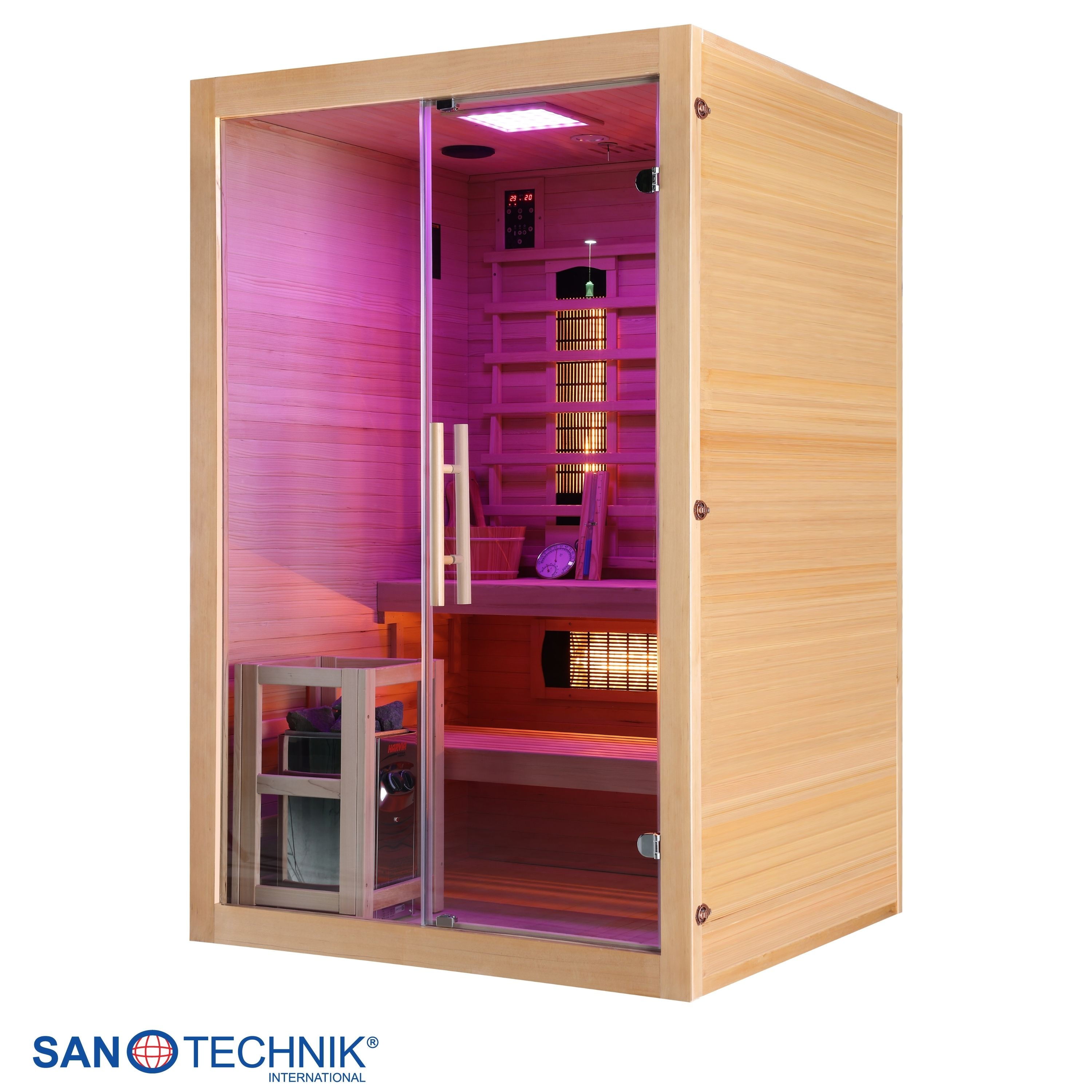 Eine Holzhitsa-Sauna mit Glastür und pinker Beleuchtung.