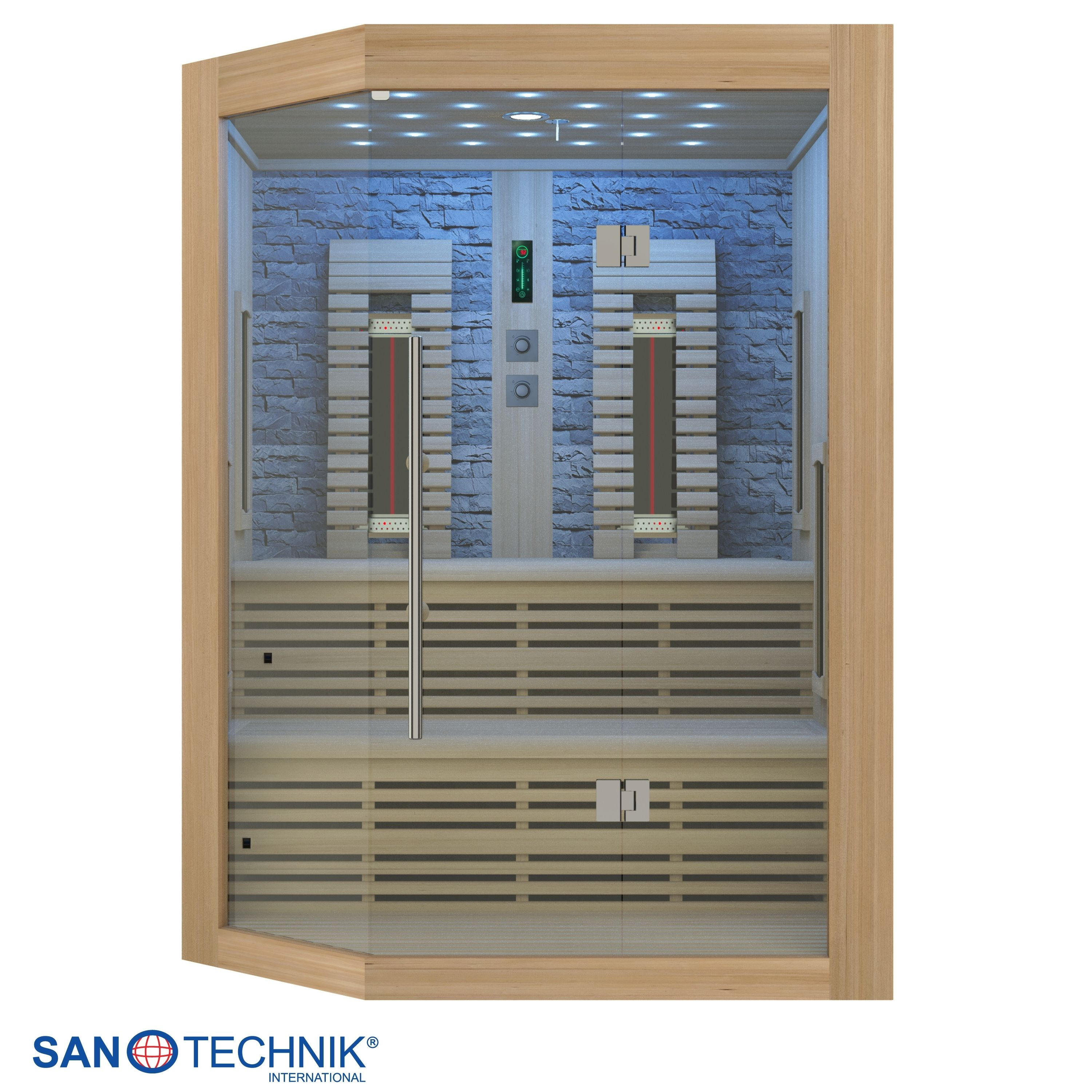 Eine Ecksauna aus Holz und Glas mit Steinwand und Heizstrahlern.