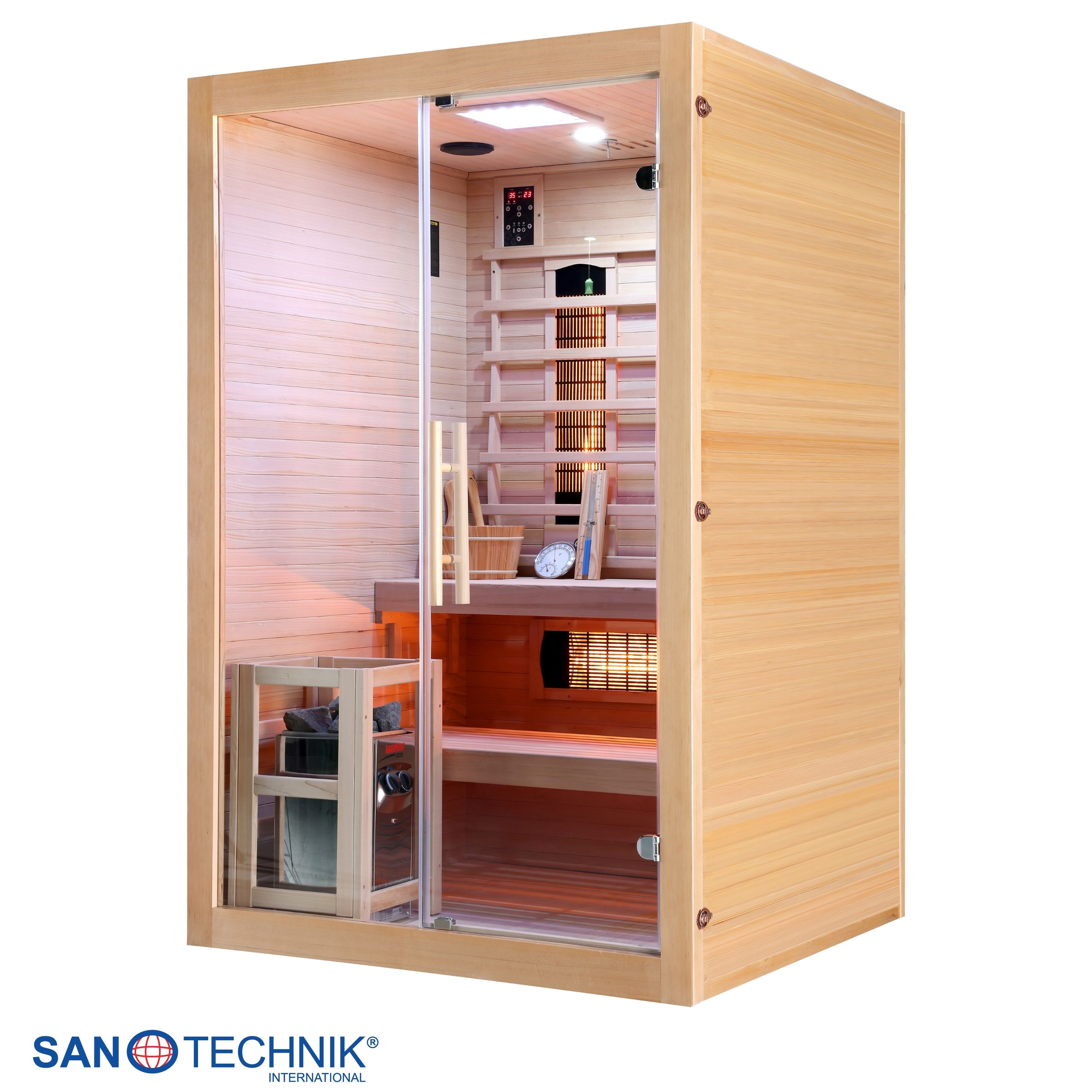 Eine Holzsauna mit Glastür, beleuchteten Paneelen und einem Bedienfeld.