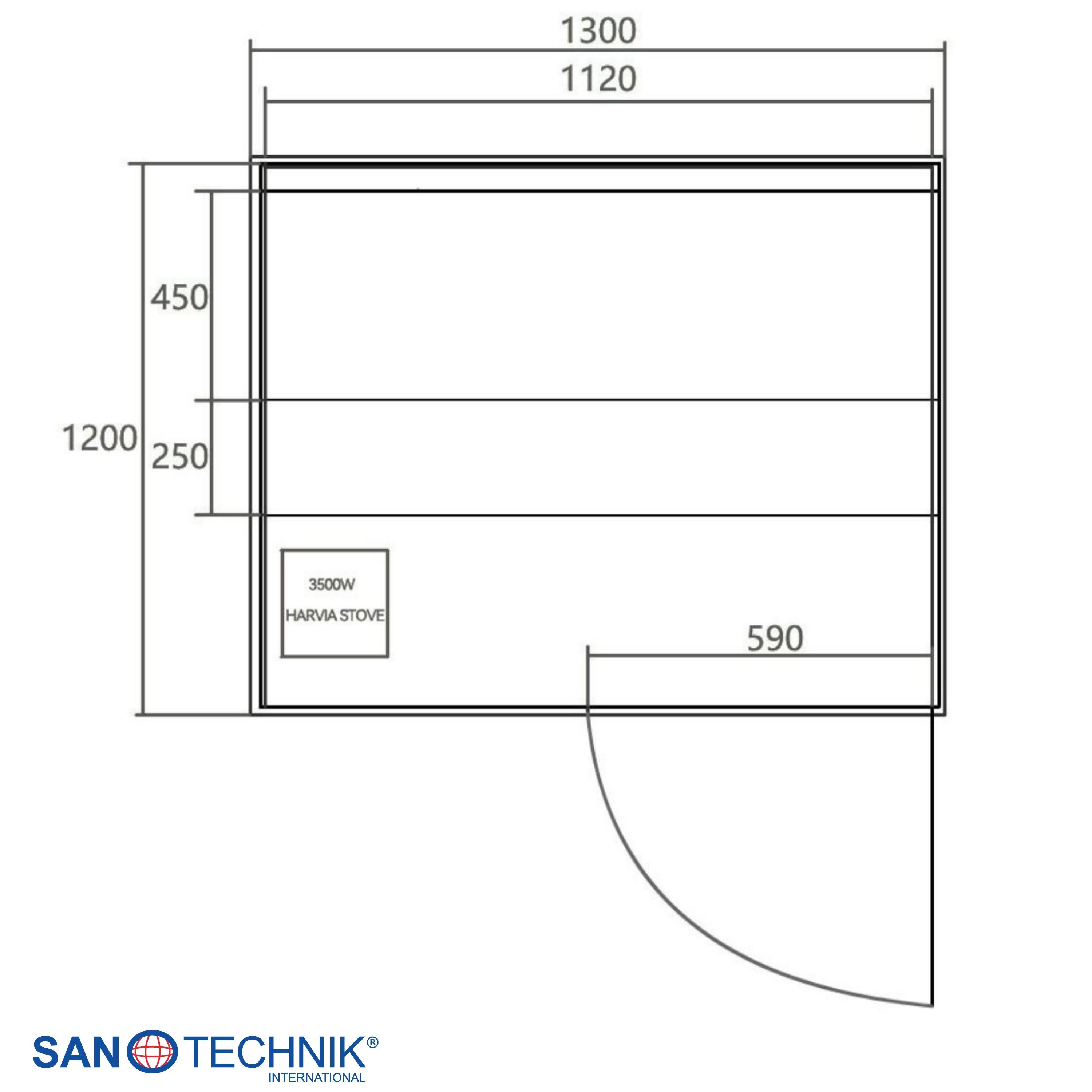 Technische Zeichnung eines Saunahauses mit Maßen und einem 3500W Harvia-Ofen.