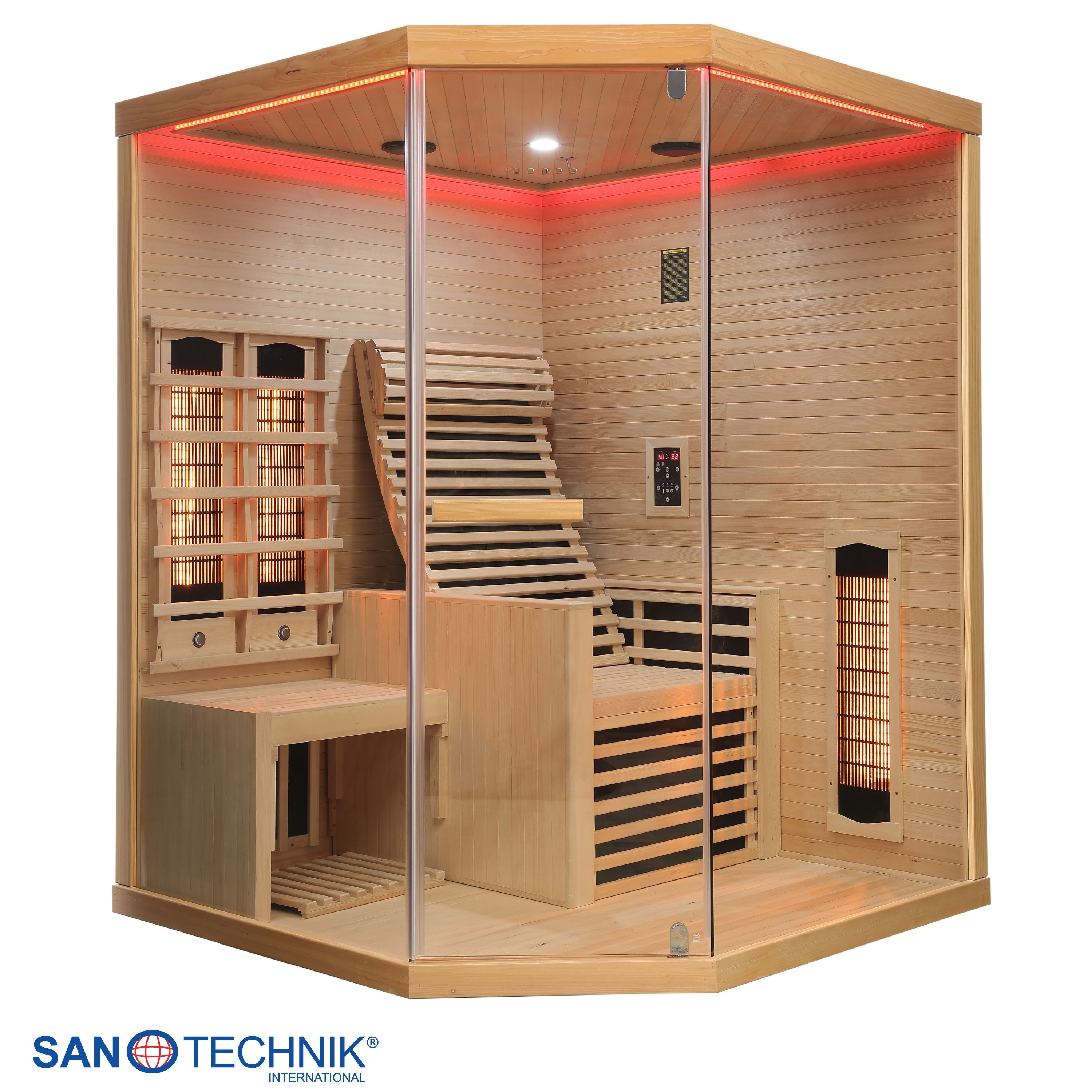 Holzsauna mit Glasfront, Bänken, Heizstrahlern und roter LED-Beleuchtung.