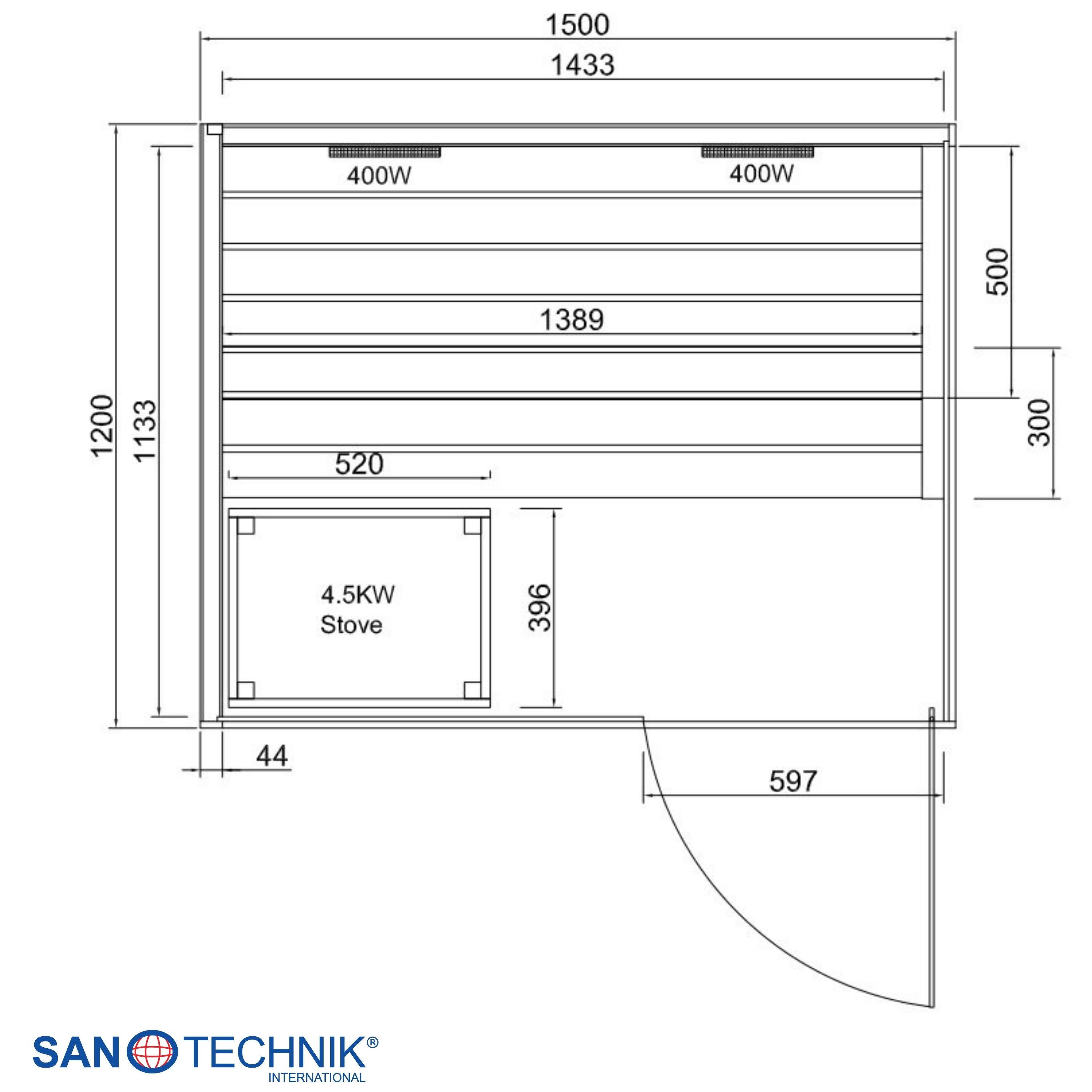 Grundriss einer Sauna mit Maßen, 4,5-kW-Ofen und 400-W-Heizungen.