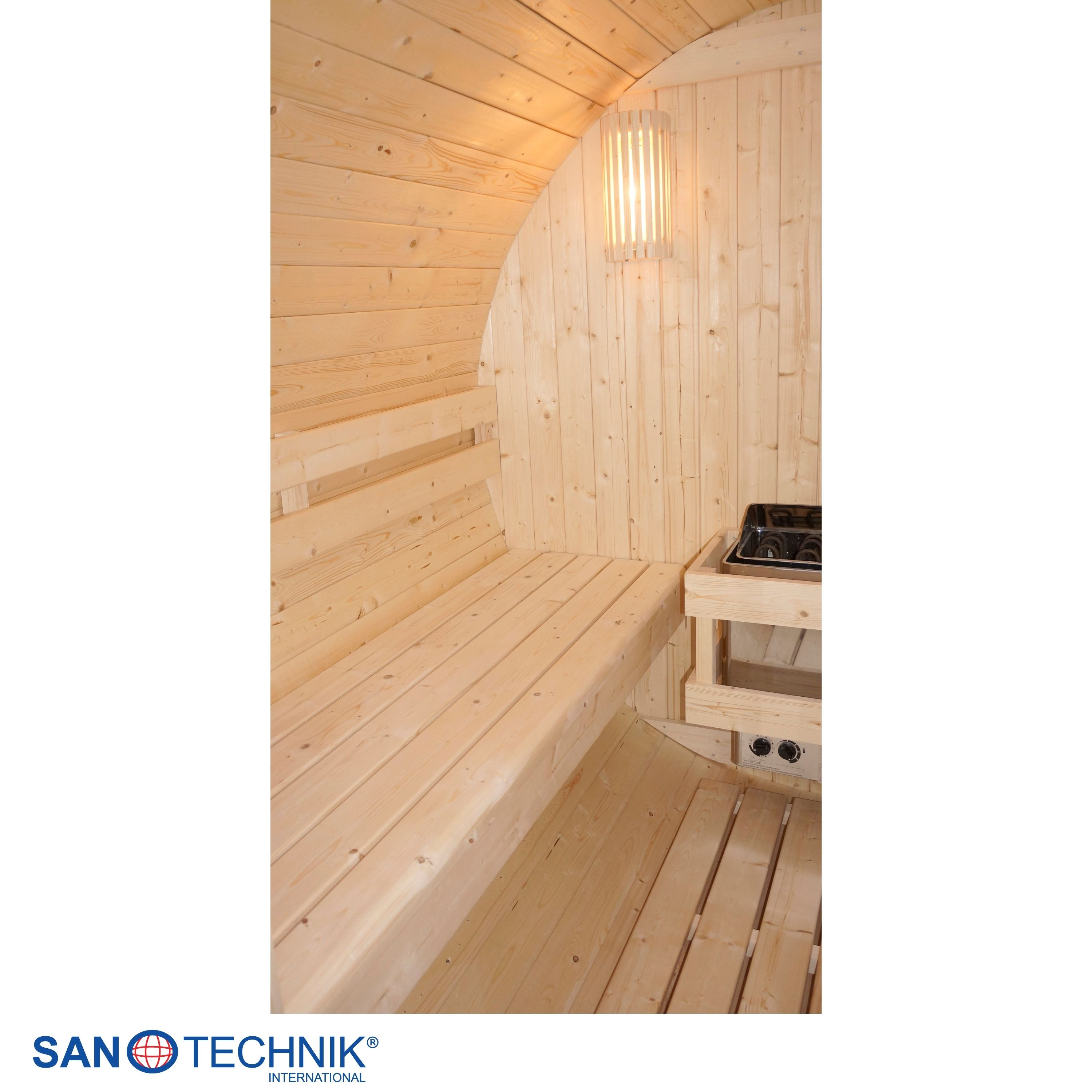 Holzsauna mit Sitzbank, Heater und Beleuchtung. Sanotechnik Logo.