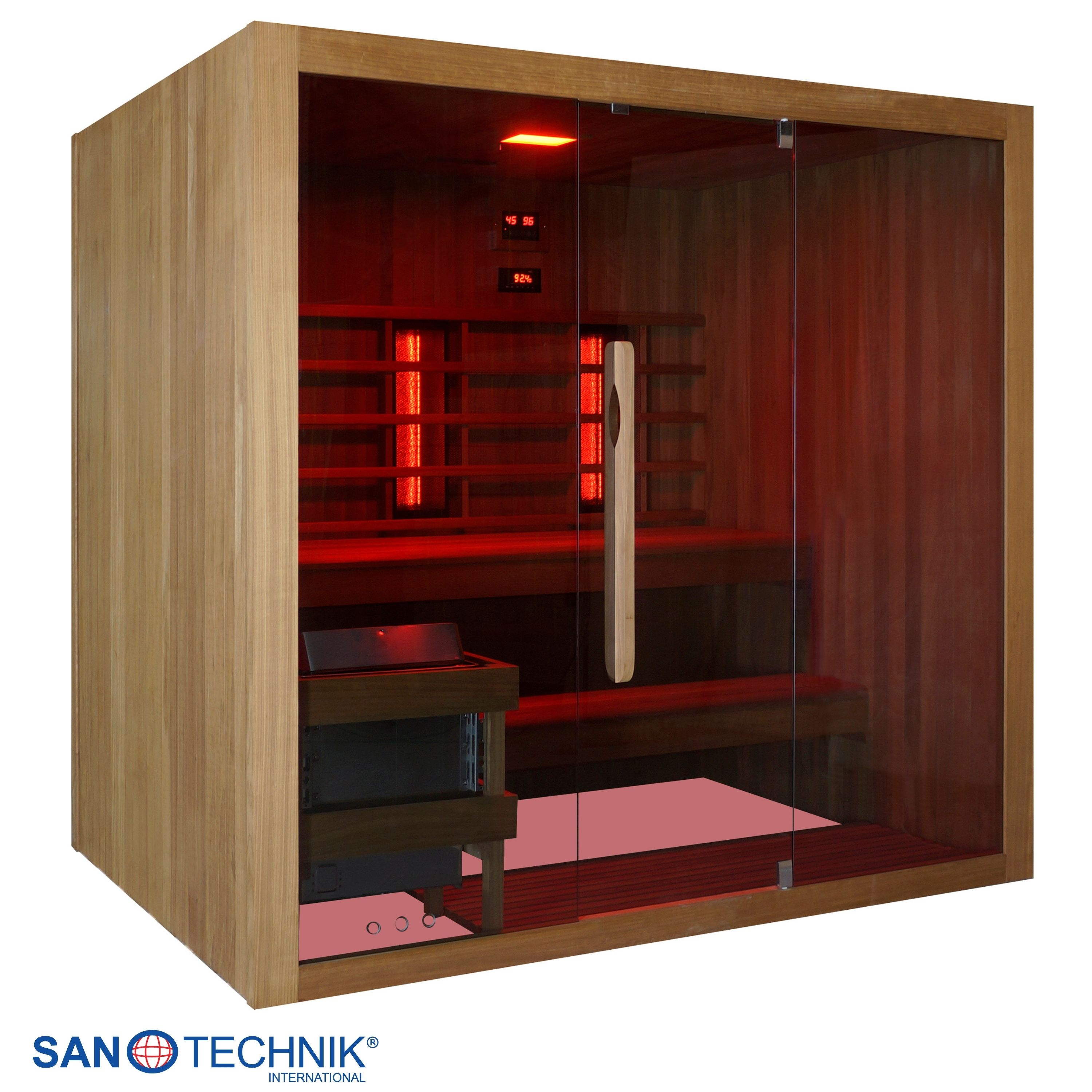 Eine Holzkabine mit Glastür, innen rot beleuchtet, mit digitalen Anzeigen.