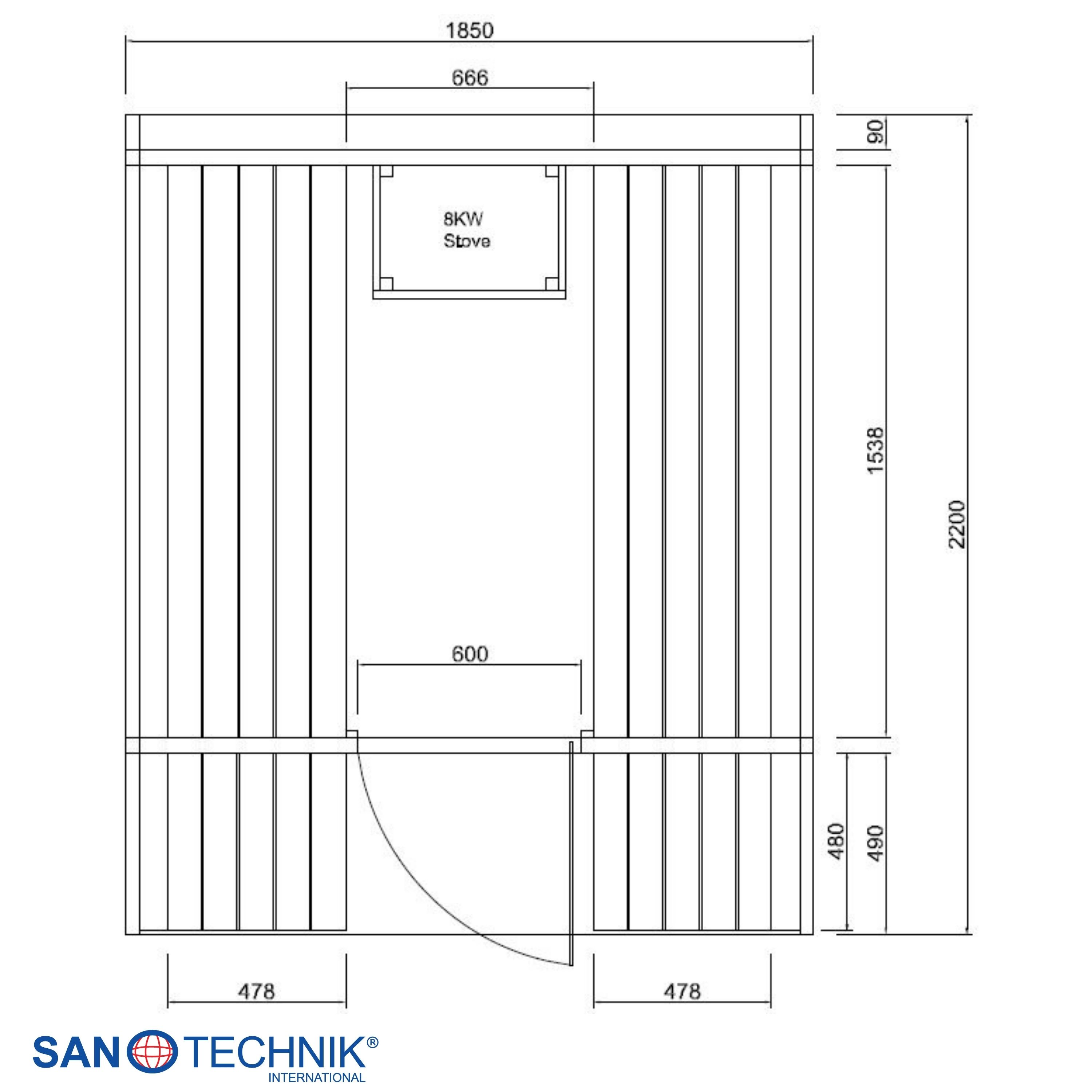 Grundriss einer Sauna mit 8kW Ofen, Maße in mm.