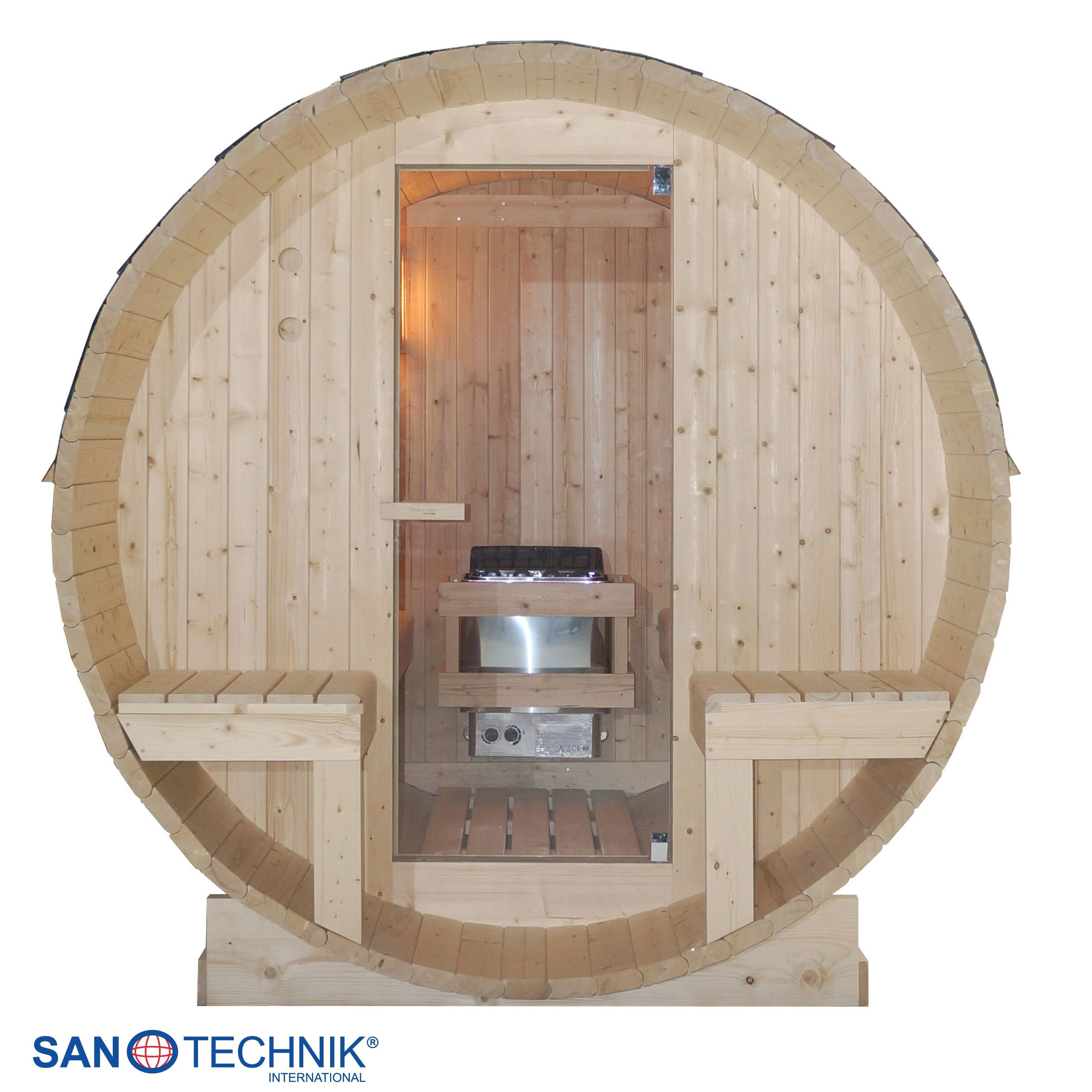 Holzfass-Sauna mit Glasfront, Sitzbänken und Saunaofen.