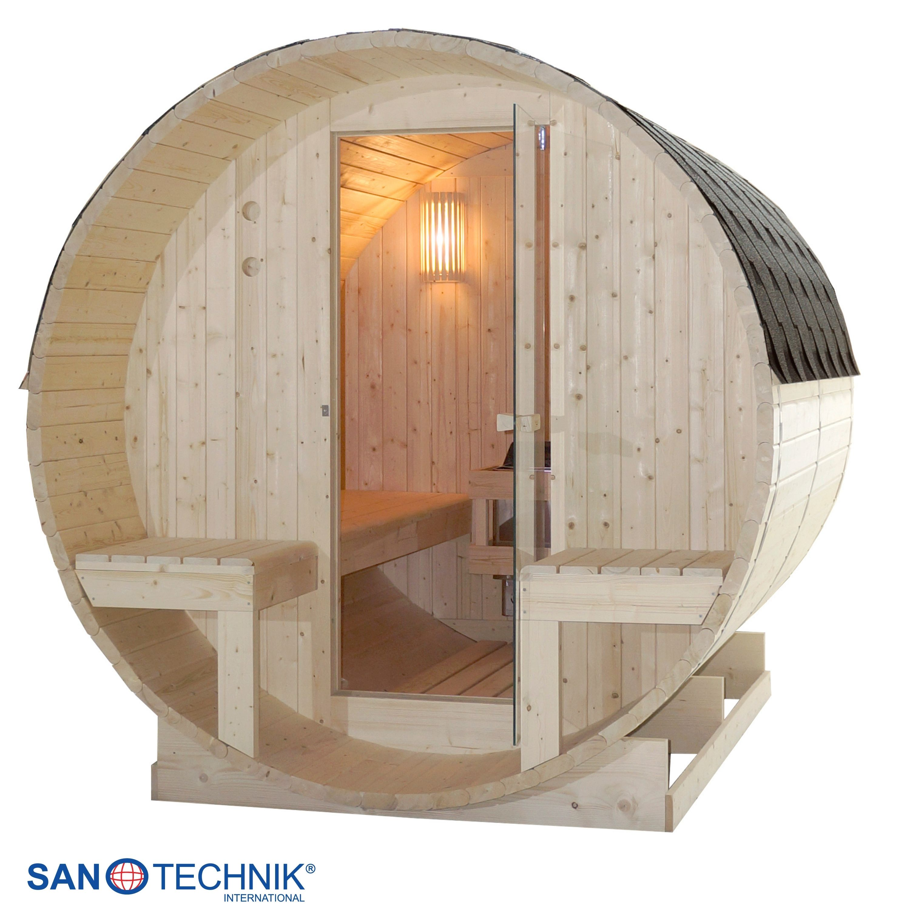 Eine runde Sauna aus Holz mit Glastür, Bänken und Beleuchtung im Inneren.