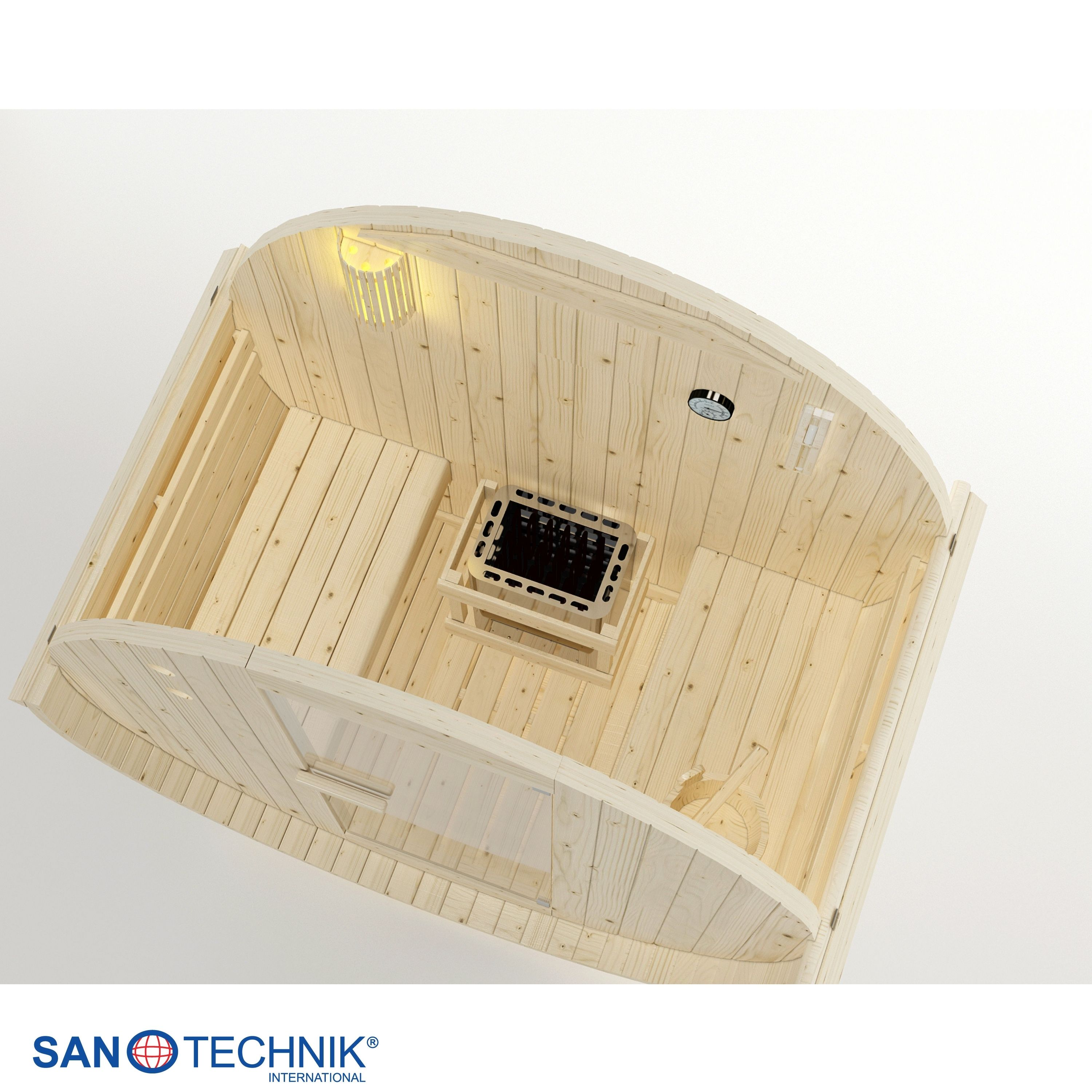 Innenansicht einer Holzsauna mit Ofen, Bank, Eimer und Thermometer.