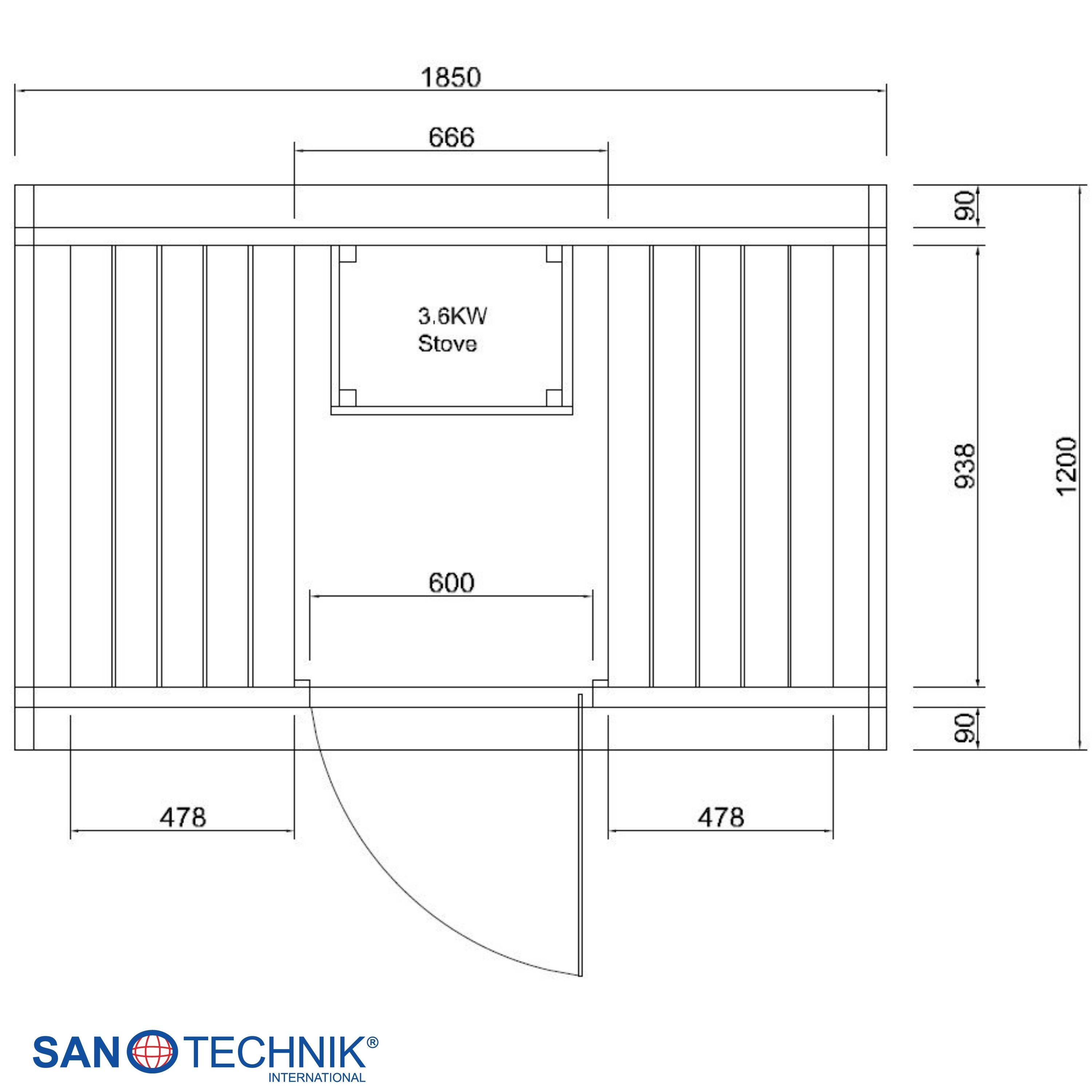 Grundriss einer Sauna mit 3,6-kW-Ofen, Maße in mm.