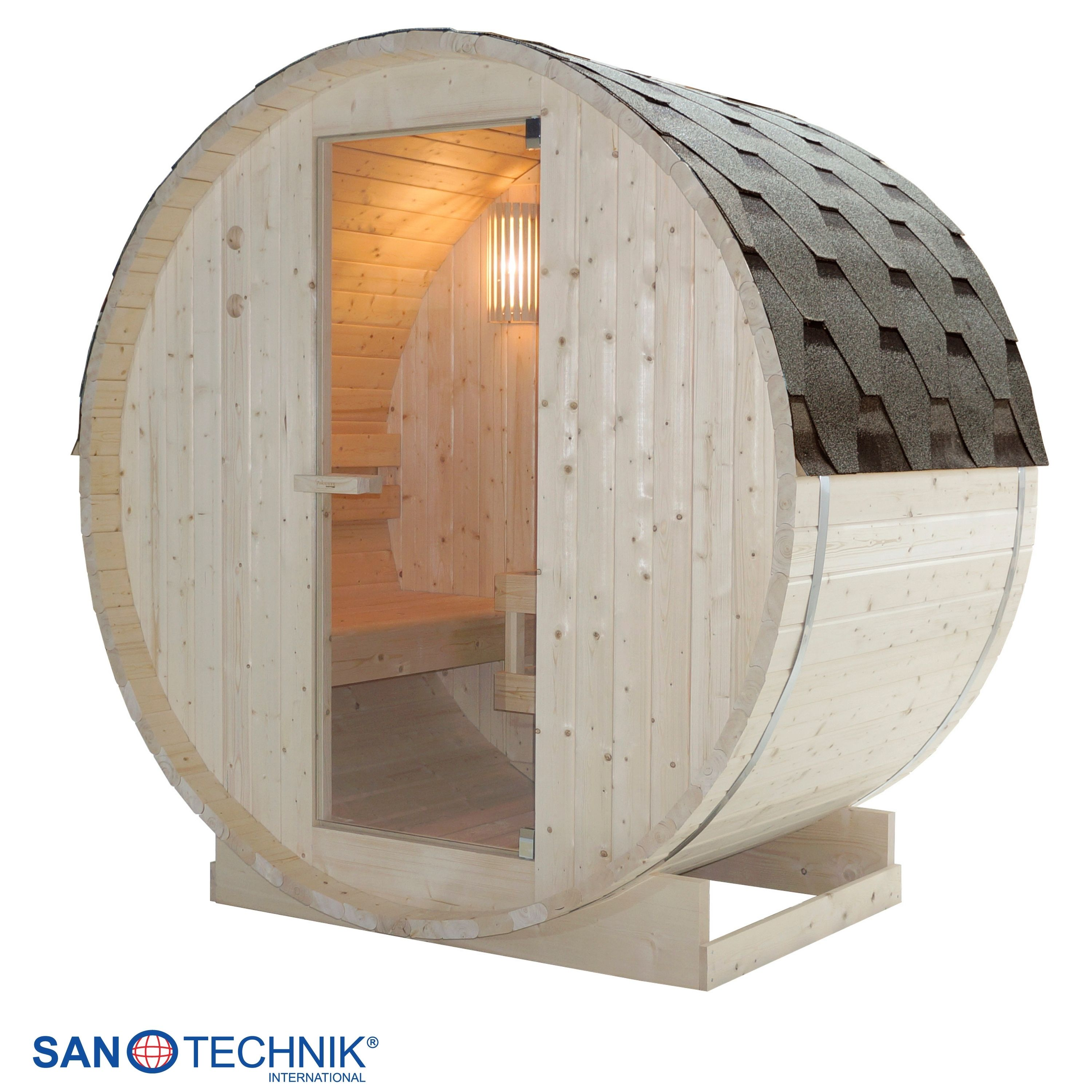 Holzfass-Sauna mit Glastür, Schindeldach und Beleuchtung von innen.