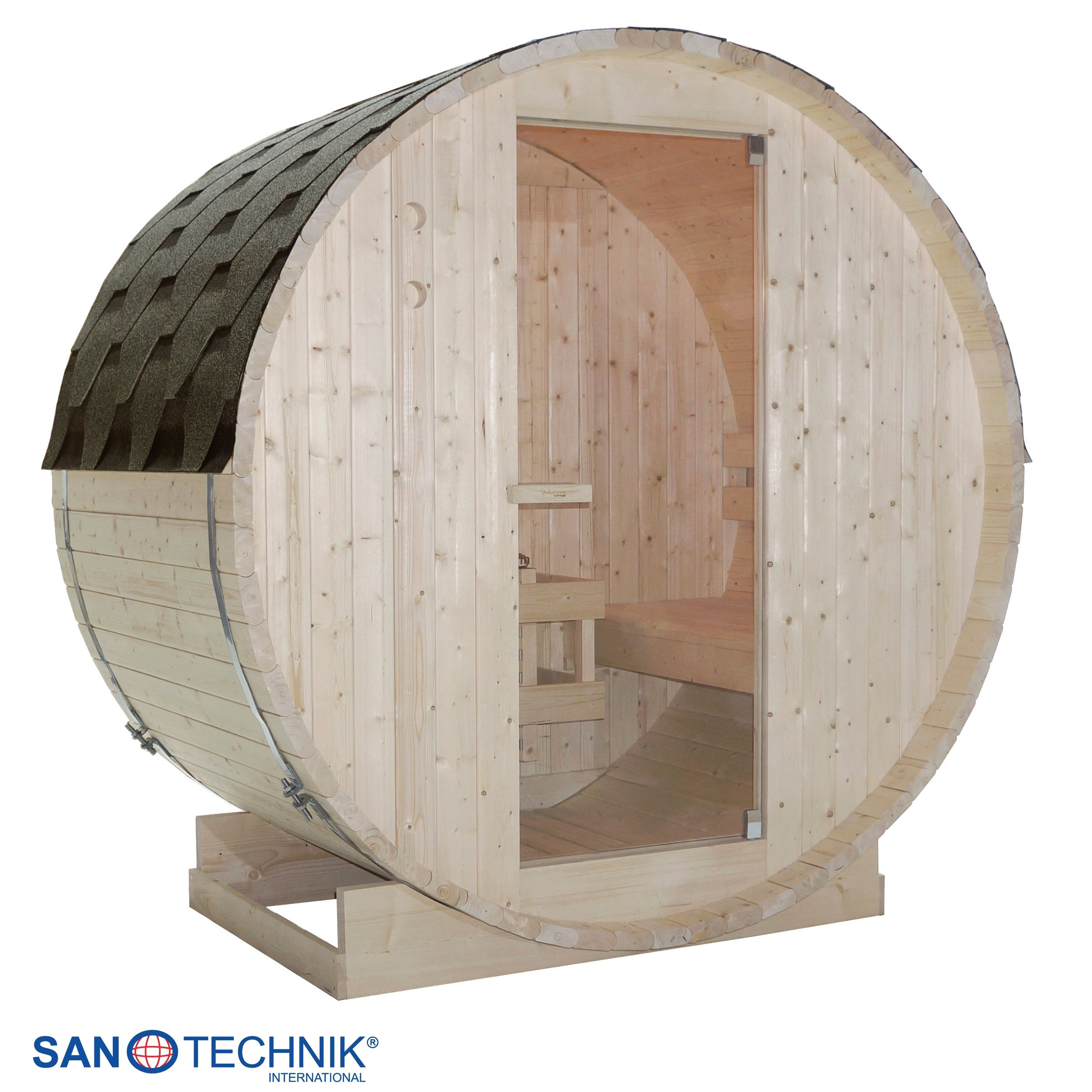 Holzfass-Sauna mit Glastür, dunklem Schindeldach und Holzbänken im Inneren.