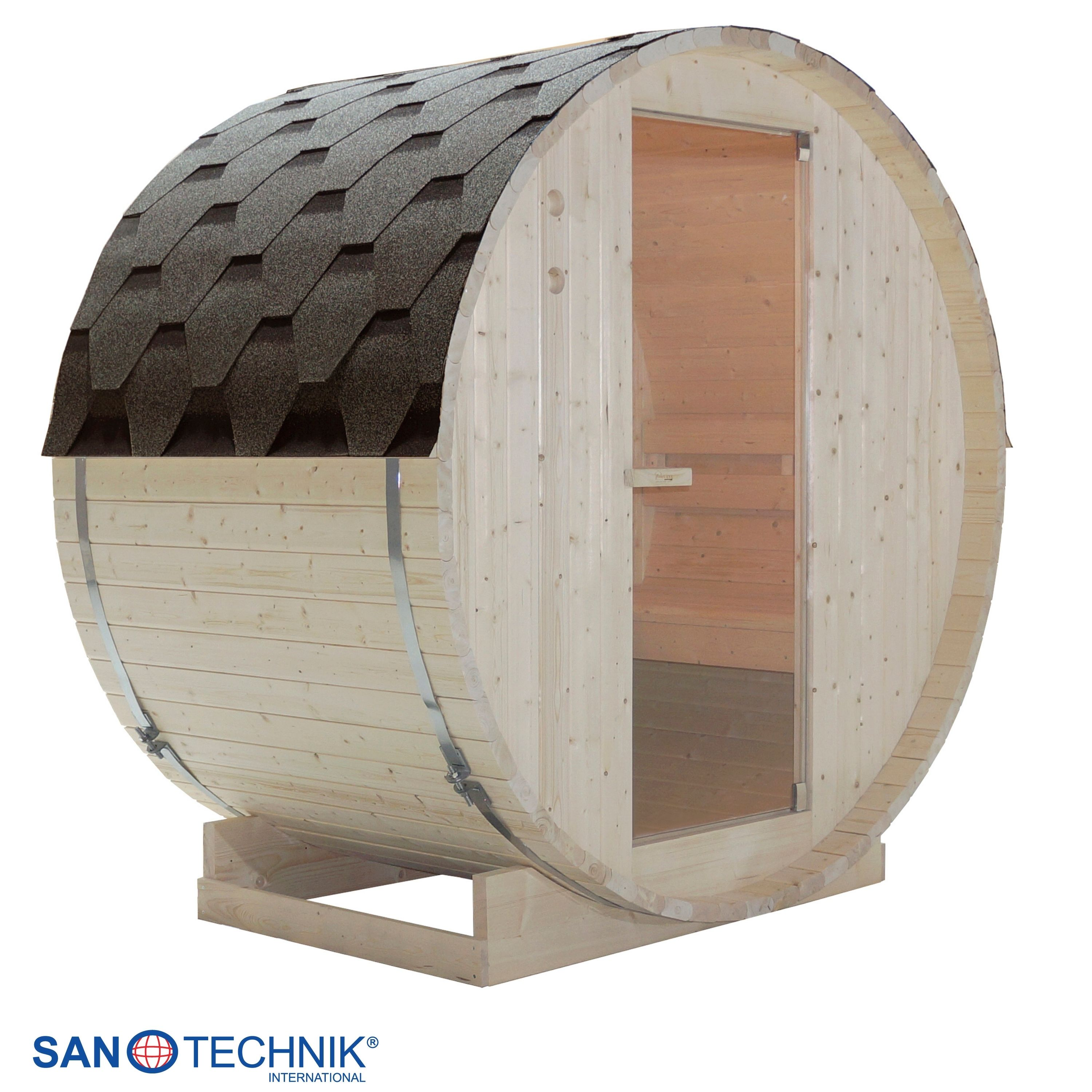 Holzfass-Sauna mit Schindeldach und Glastür, auf einem Holzsockel stehend.