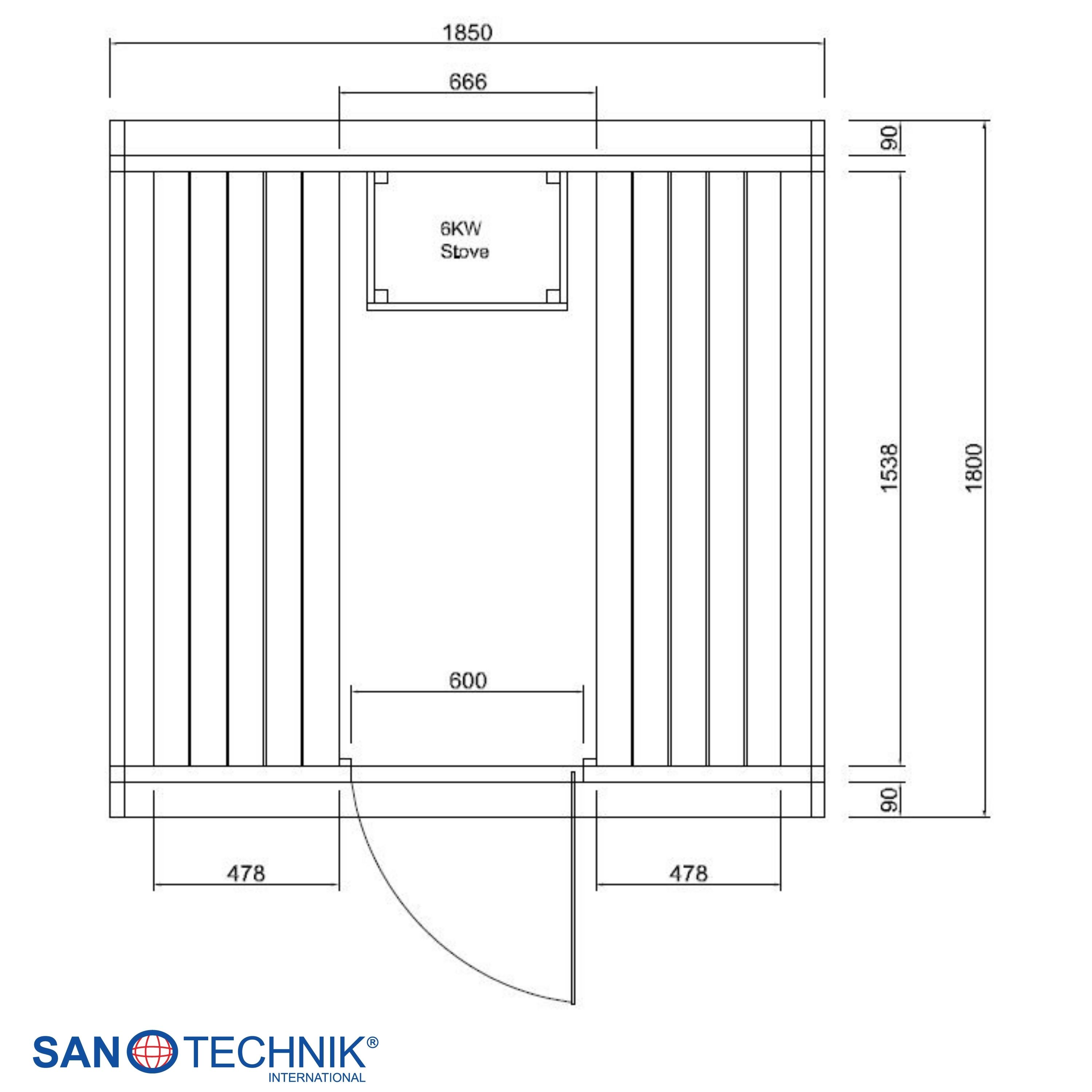 Grundriss einer Sauna mit 6-kW-Ofen, Maße in mm angegeben.