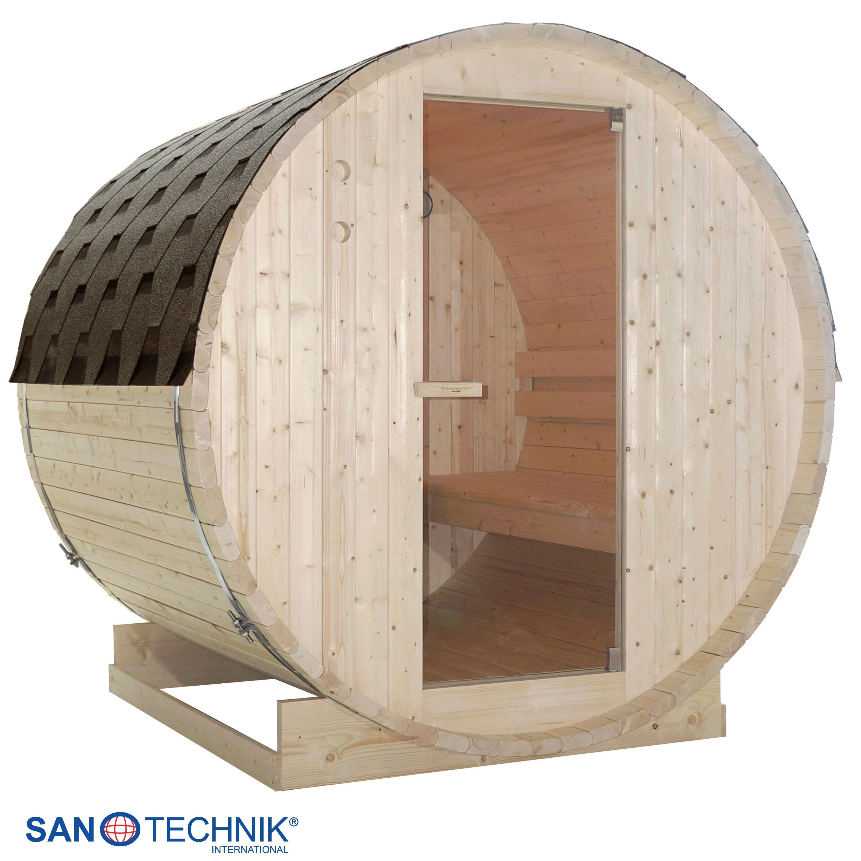 Eine Holzzauna mit Glasfront und dunklem Schindeldach, auf einem Holzsockel.