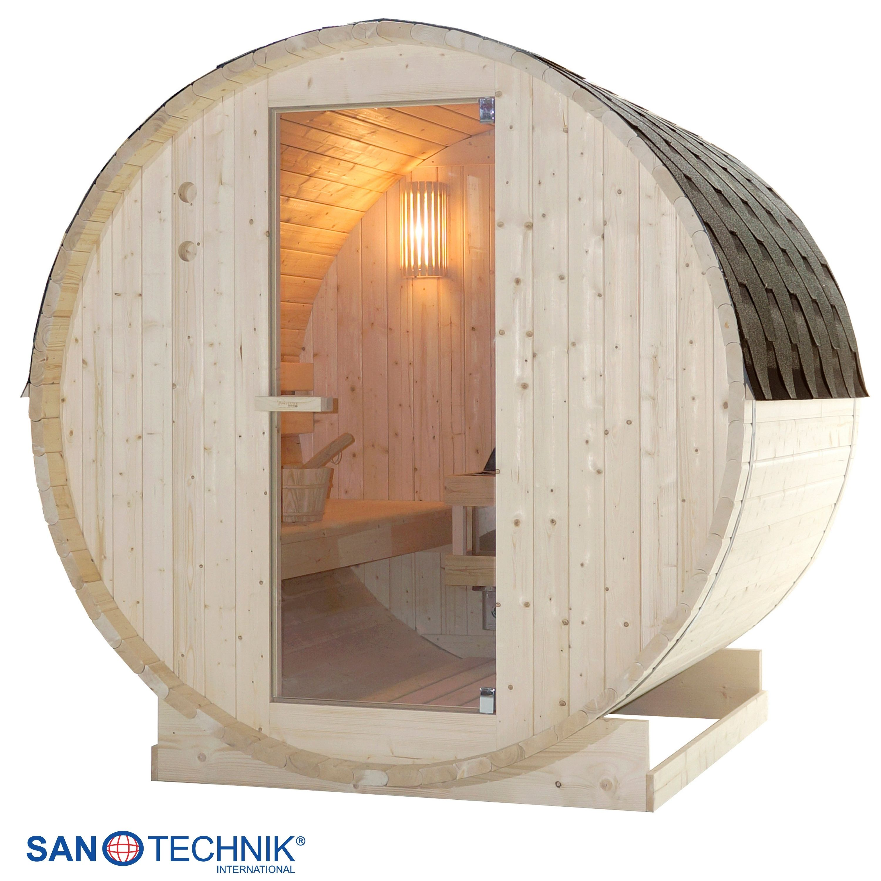 Holzfass-Sauna mit Glastür, Holzbänken und Beleuchtung.