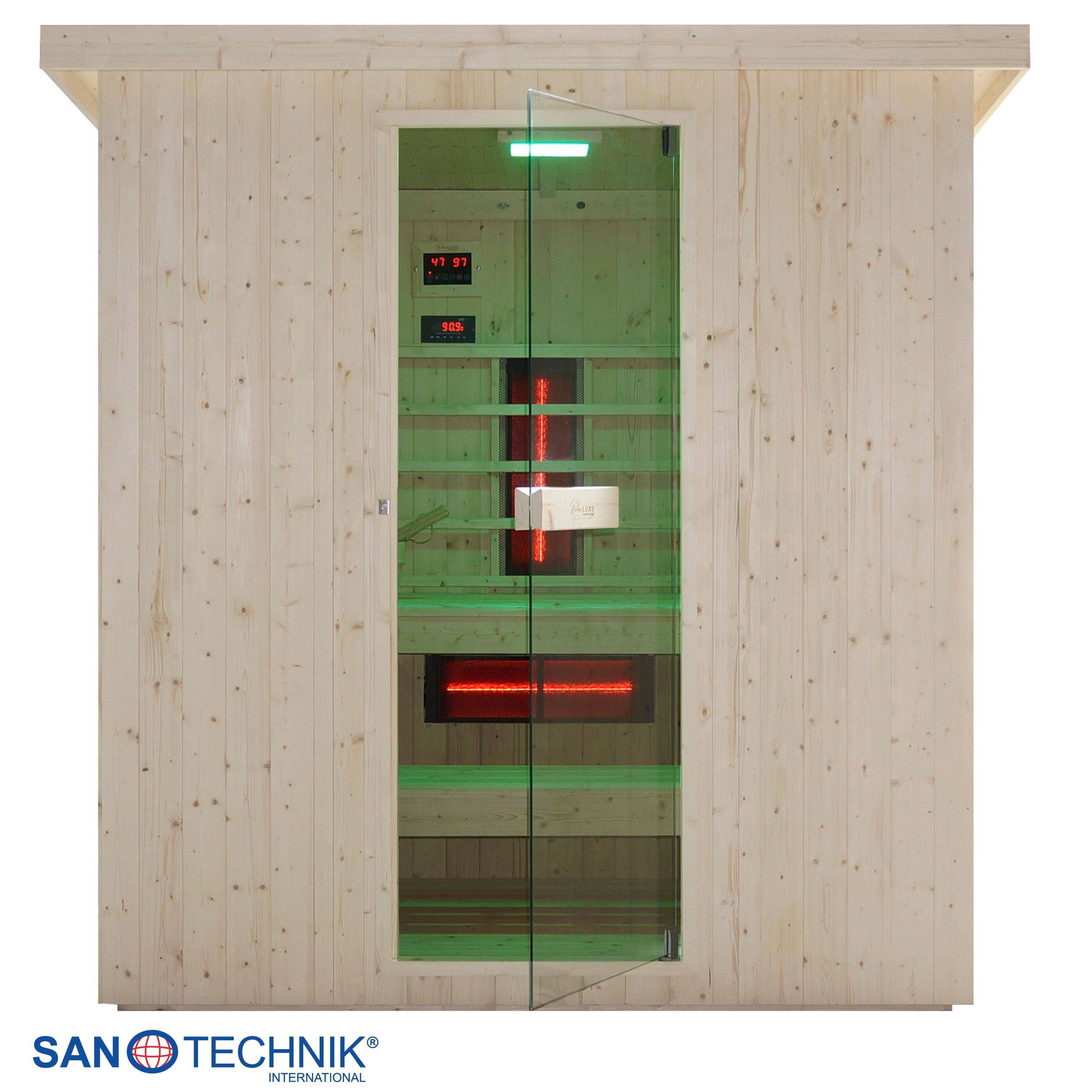 Holzsauna mit Glastür, grüner und roter Beleuchtung, digitale Anzeigen.