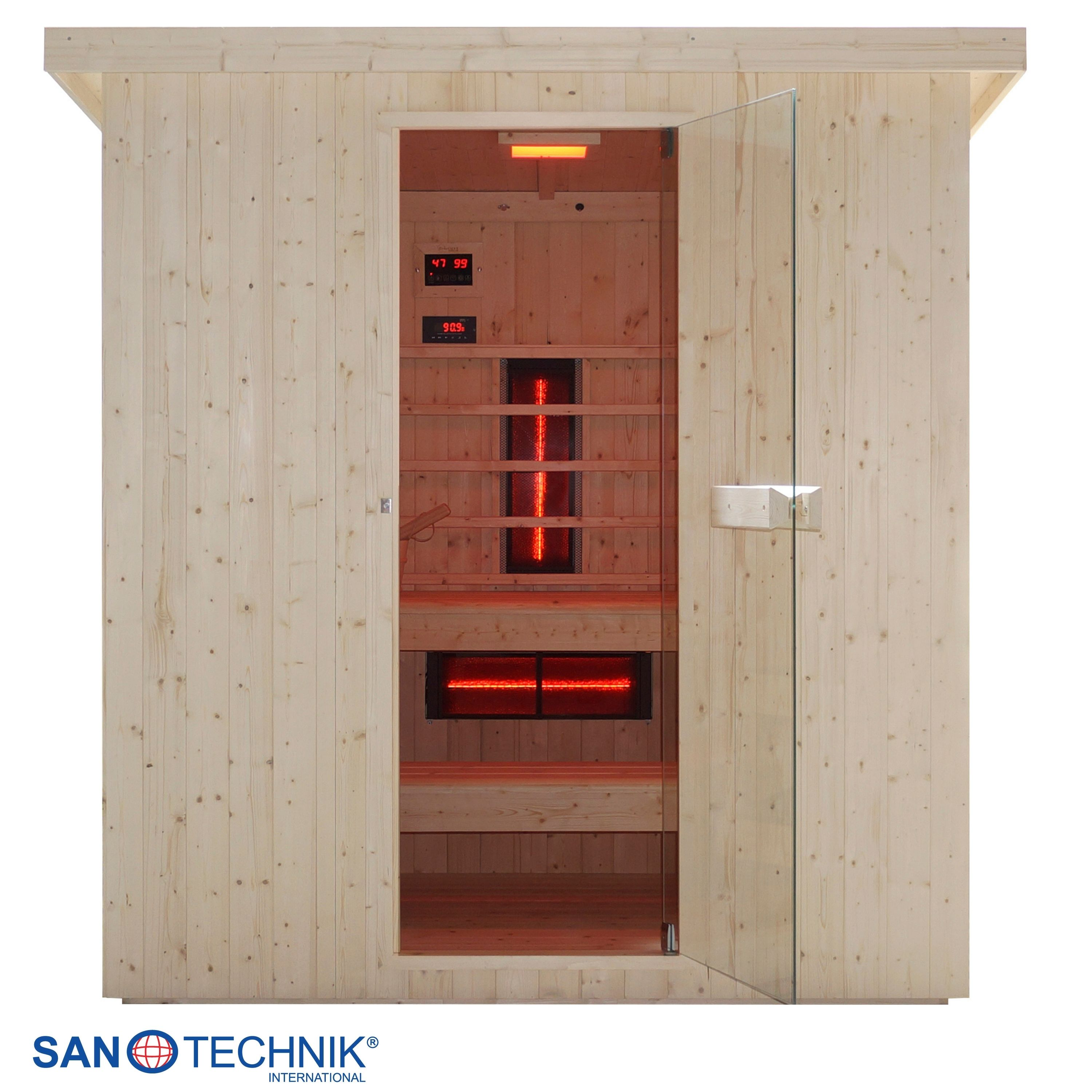 Eine Holzsauna mit Glastür, die rot beleuchtete Heizelemente zeigt.