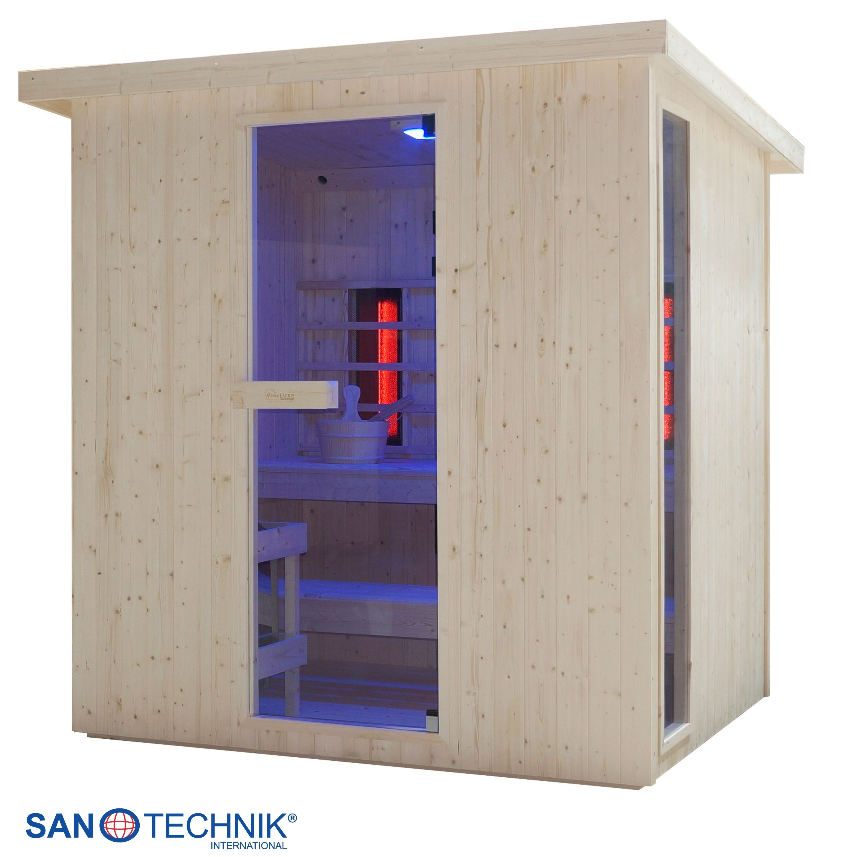 Holzsauna mit Glastüren, innen rote Infrarotstrahler und blaue Beleuchtung.