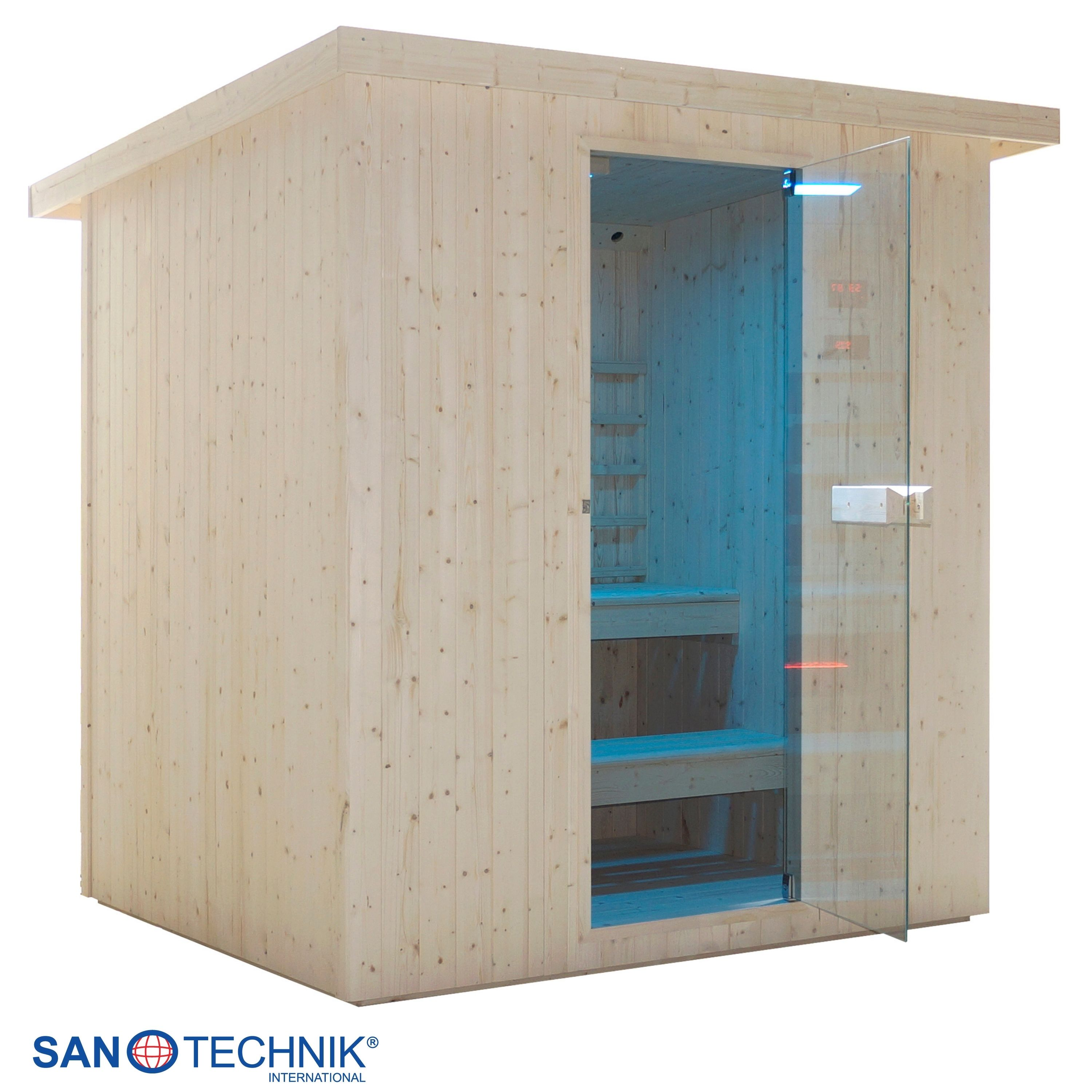 Eine Holzsauna mit Glastür, blau beleuchtetem Innenraum und Holzbänken.