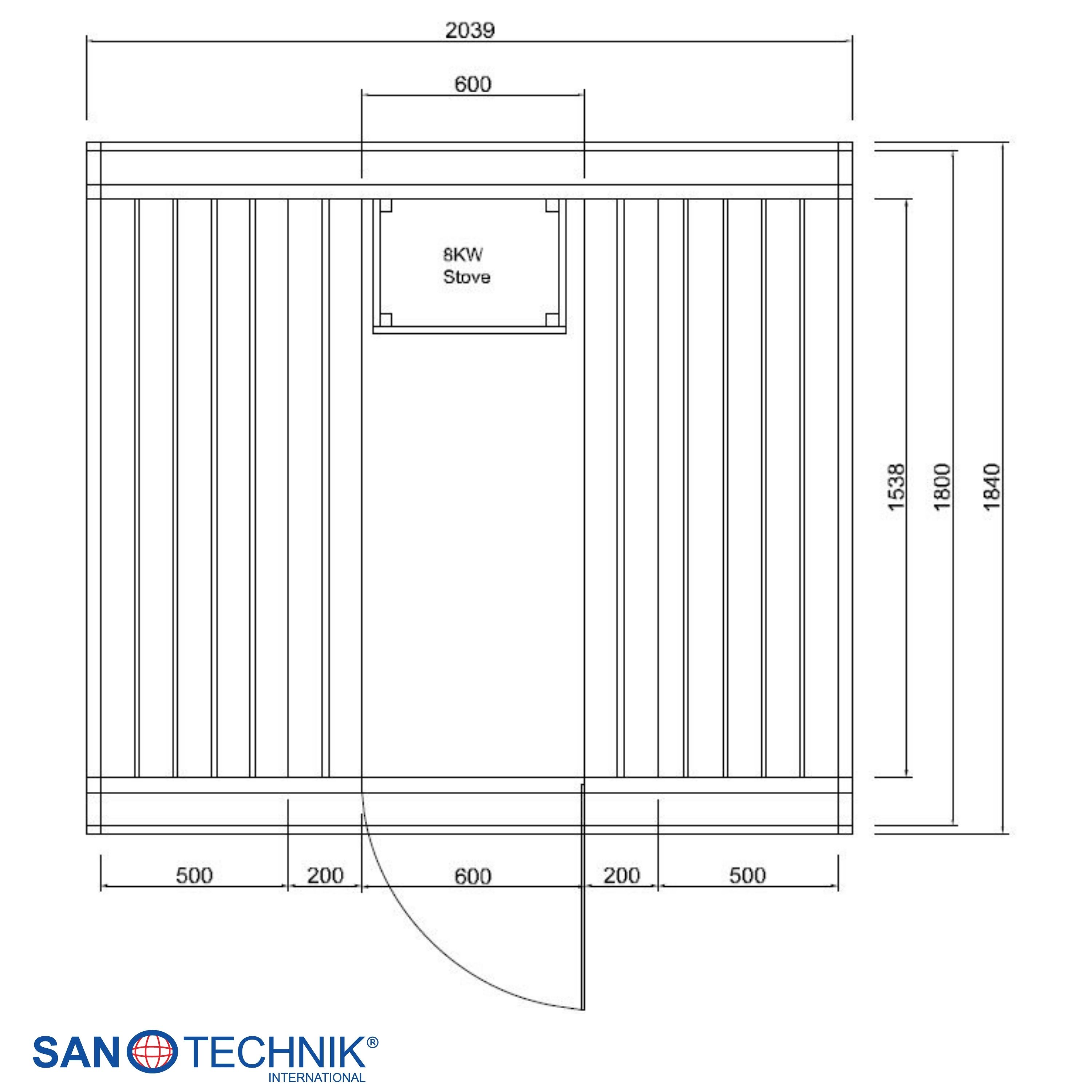 Technische Zeichnung einer Saunakabine mit Maßen. Enthält einen 8-kW-Ofen.