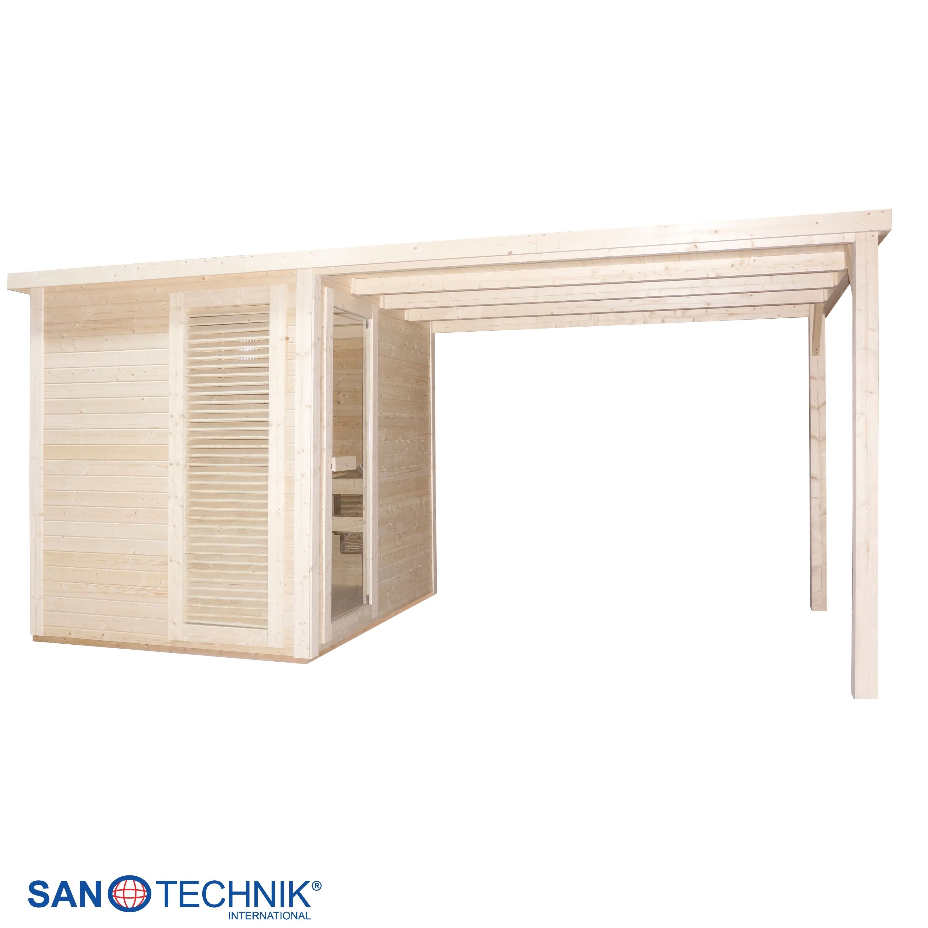 Holzsauna mit überdachtem Bereich und Glasfront.
