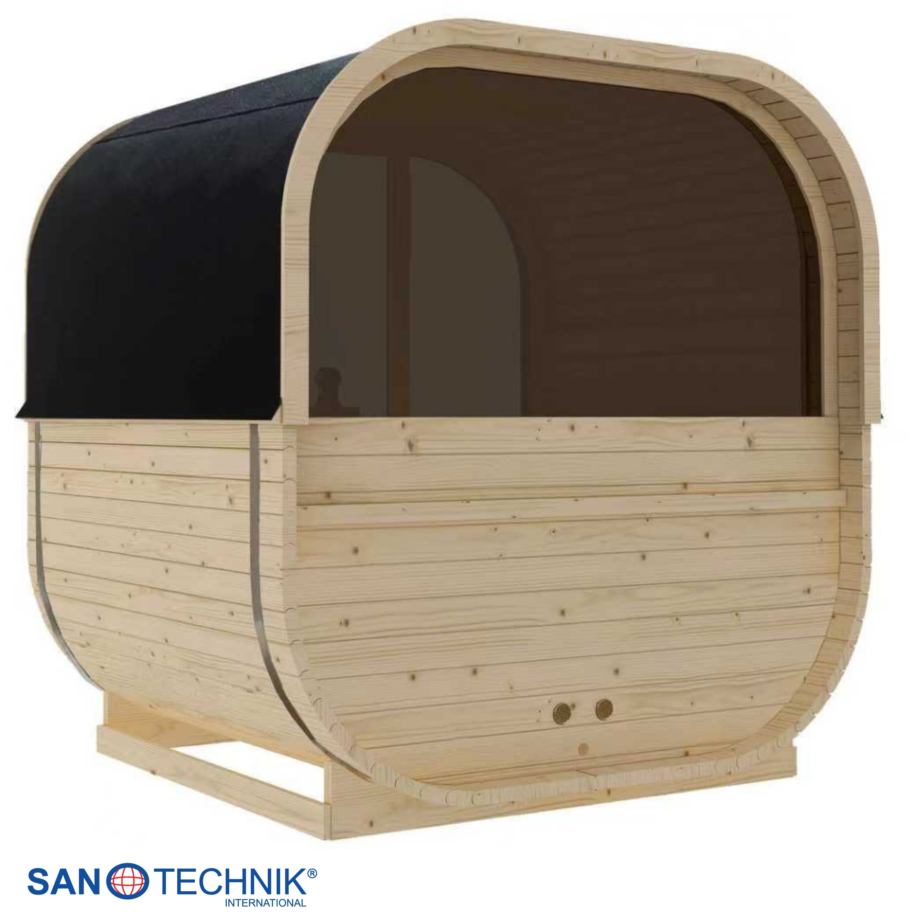 Fasssauna aus Holz mit schwarzem Dach und getöntem Fenster.