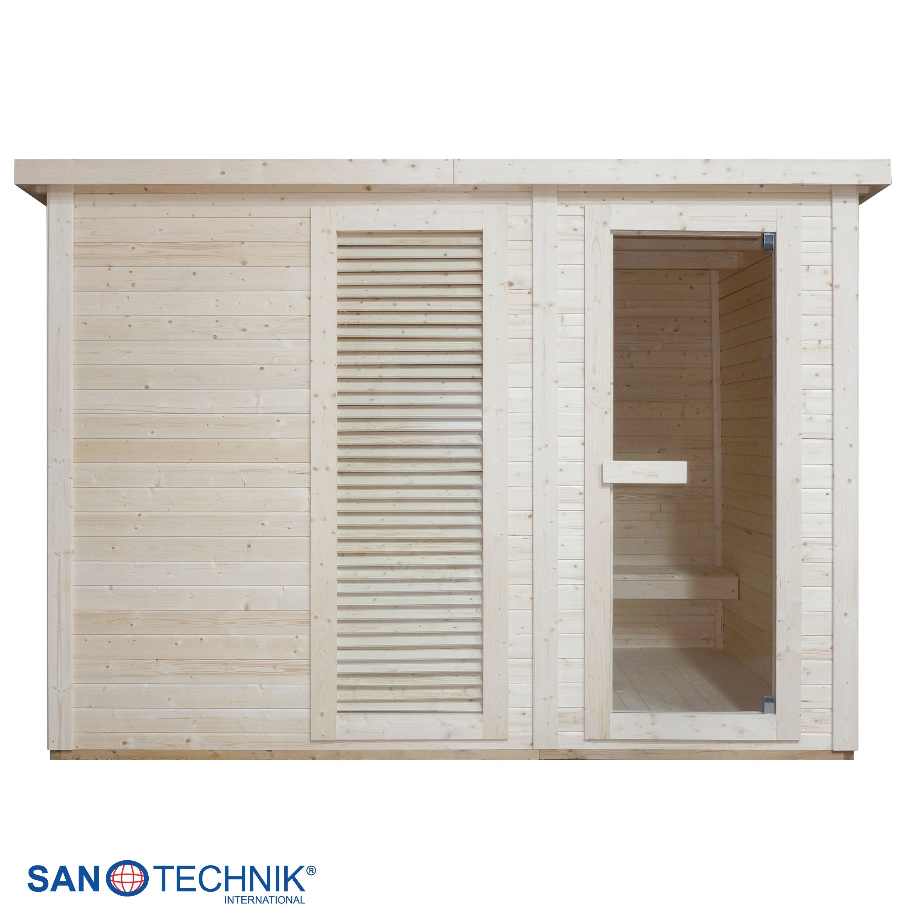 Holzsauna mit Glastür und Lüftungsgitter. Innen sind Bänke sichtbar.