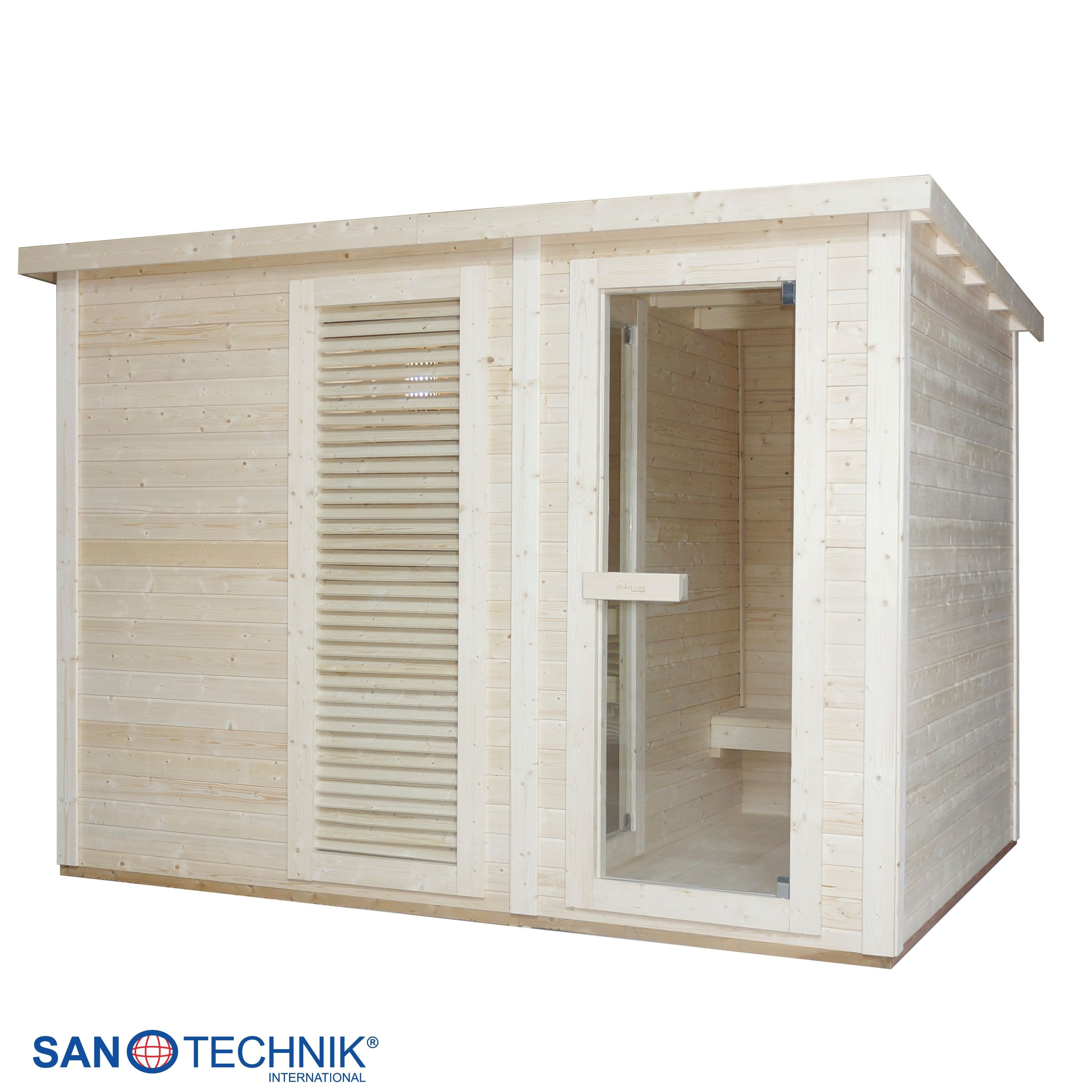 Eine Holzsauna mit Glastür und Lüftungsschlitzen.