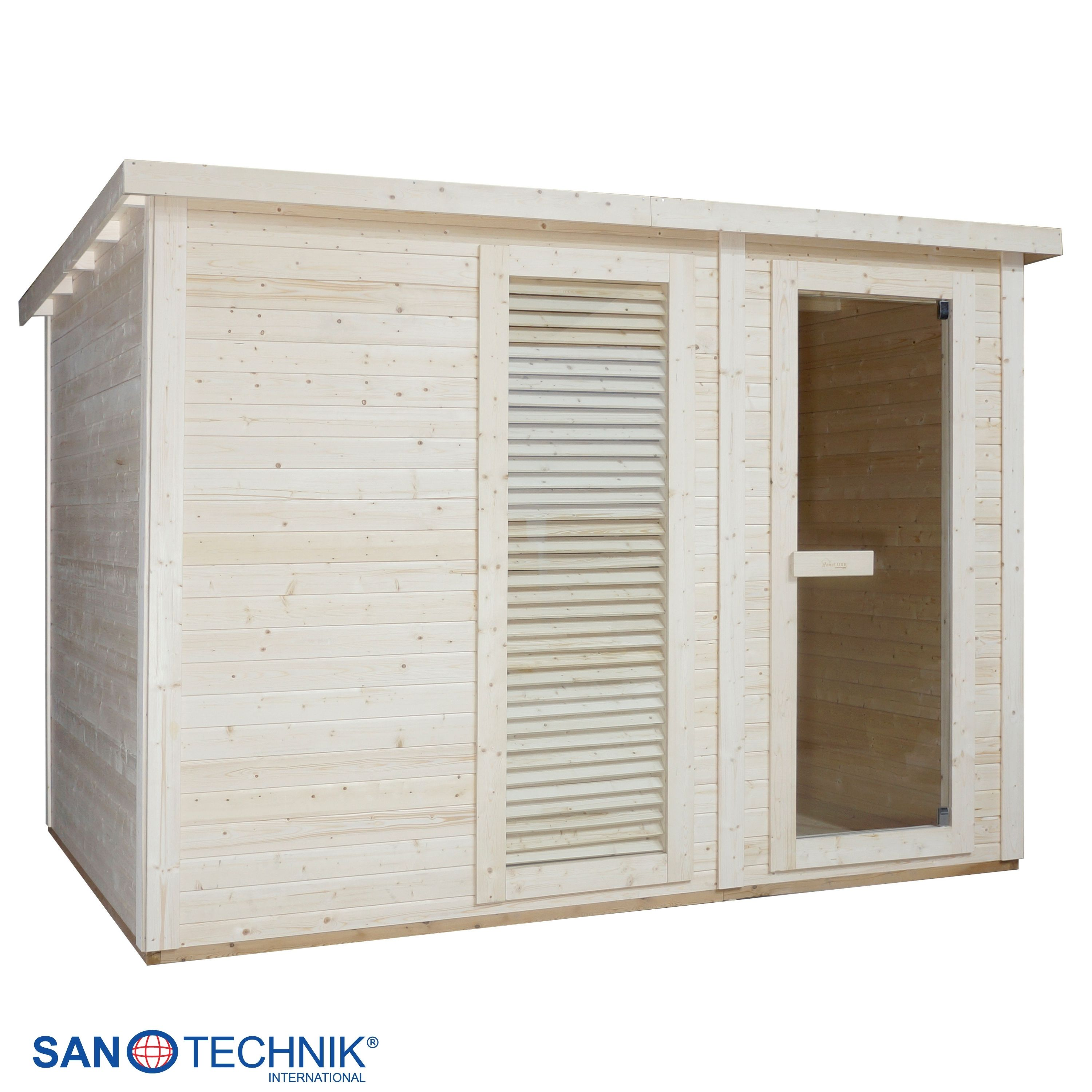 Eine hölzerne Sauna mit Glastür und Lüftungsgitter.