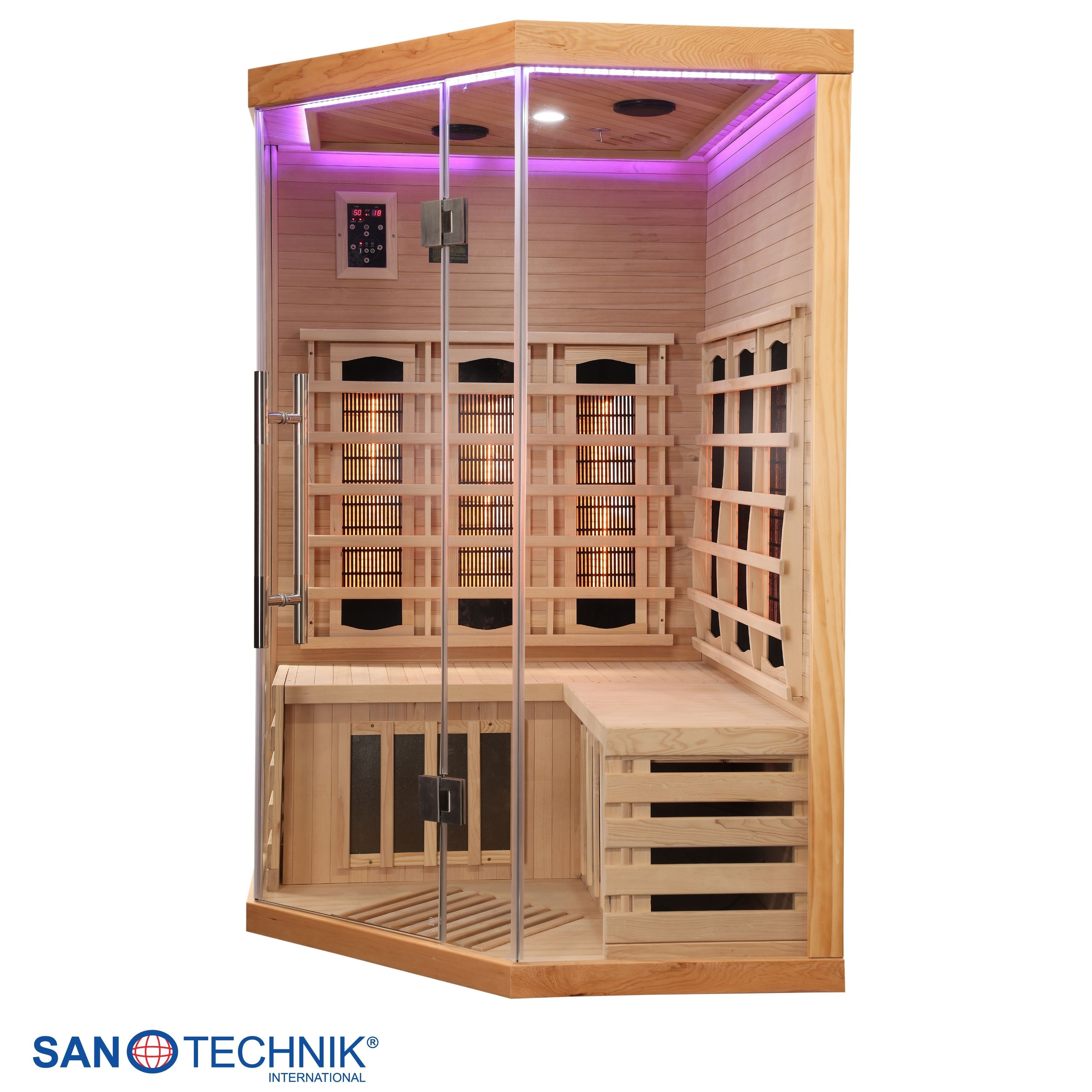 Eine holzverkleidete Ecksauna mit Glastür, Bänken und Heizpaneelen.