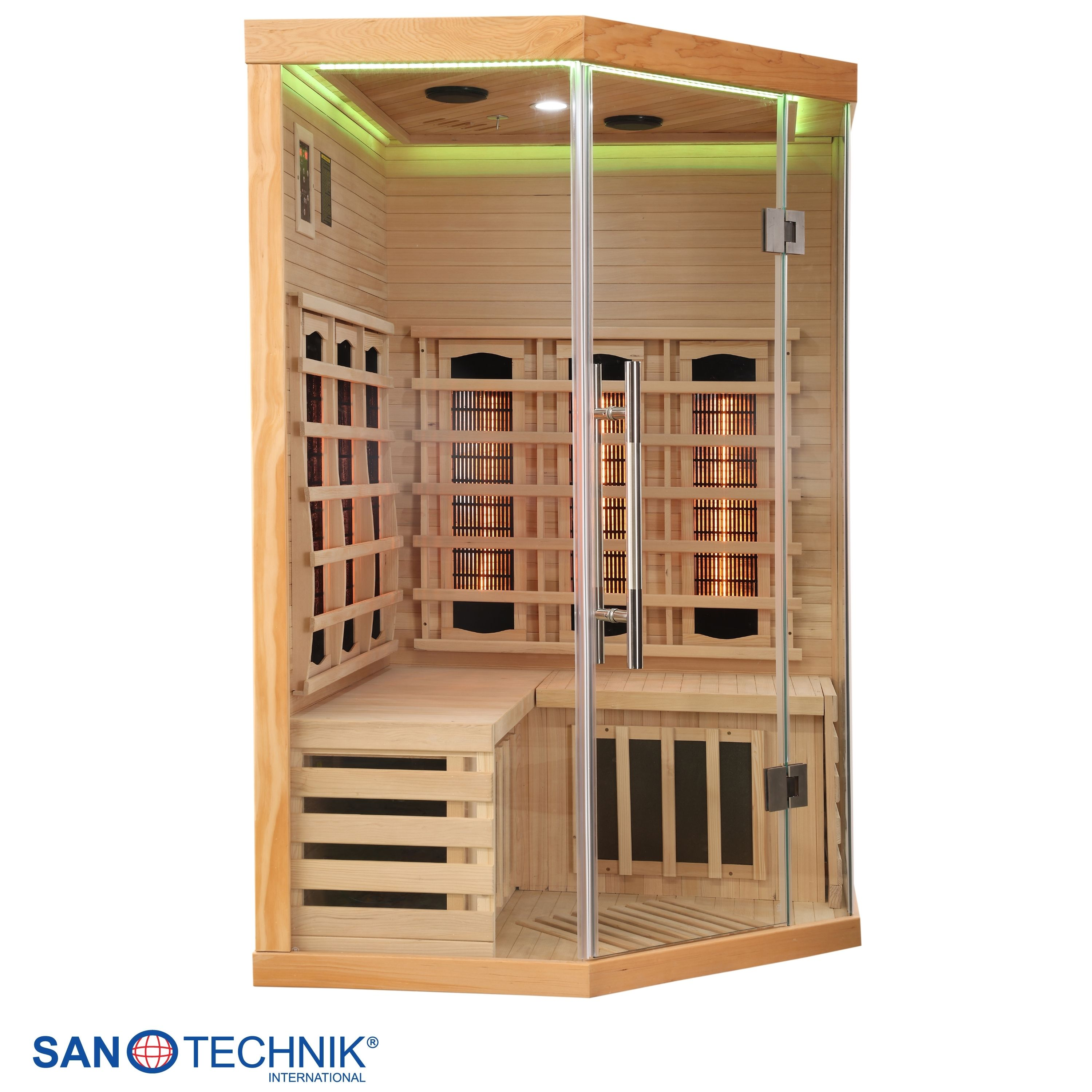Eine Ecksauna aus Holz mit Glastür und beleuchteten Heizelementen.